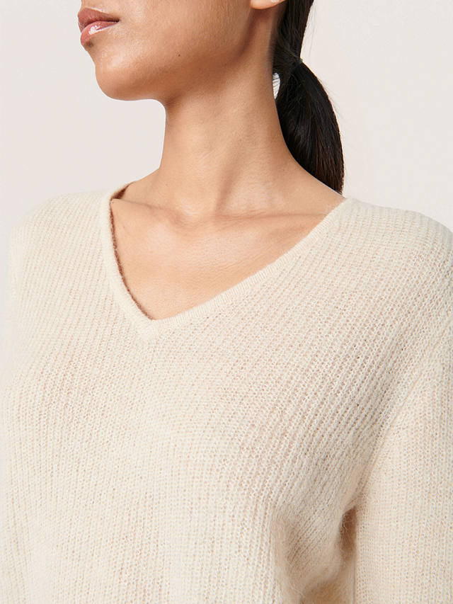 Soaked In Luxury Tuesday Long Sleeve V-Neck Wool Jumper, Sandshell