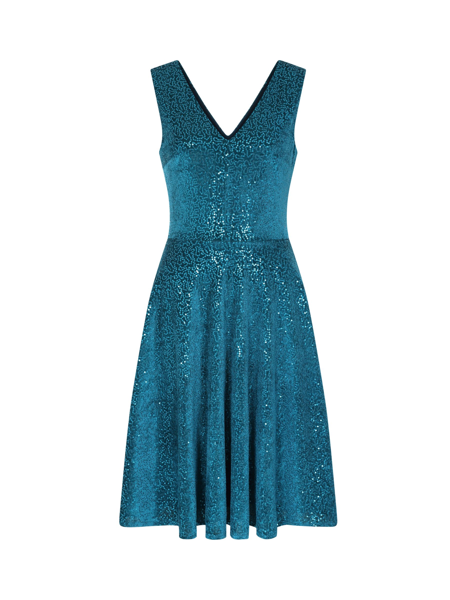HotSquash Velvet Sequin Fit and Flare Dress, Turquoise, 8