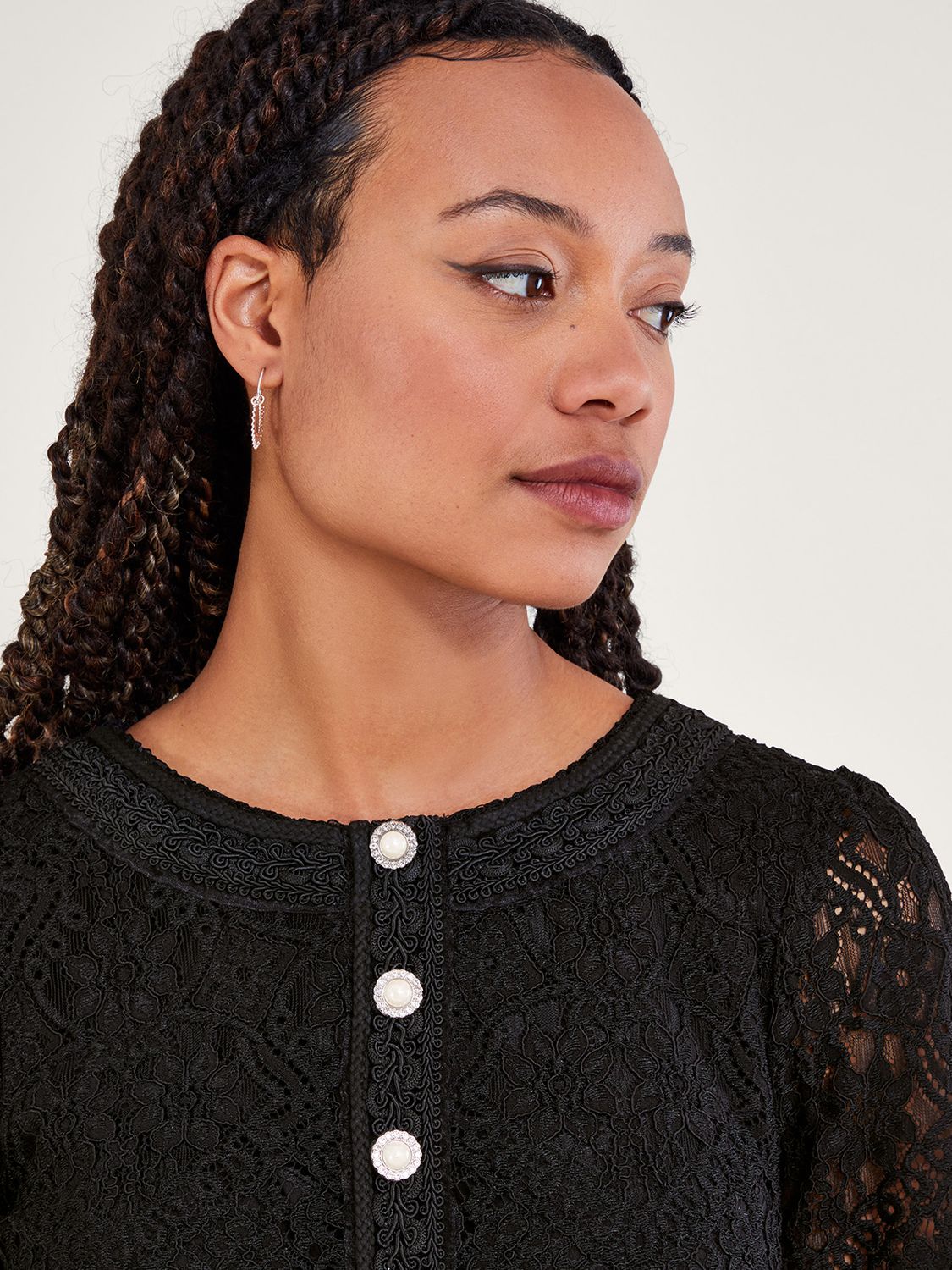 Monsoon Lillian Lace Shift Button Dress, Black at John Lewis & Partners