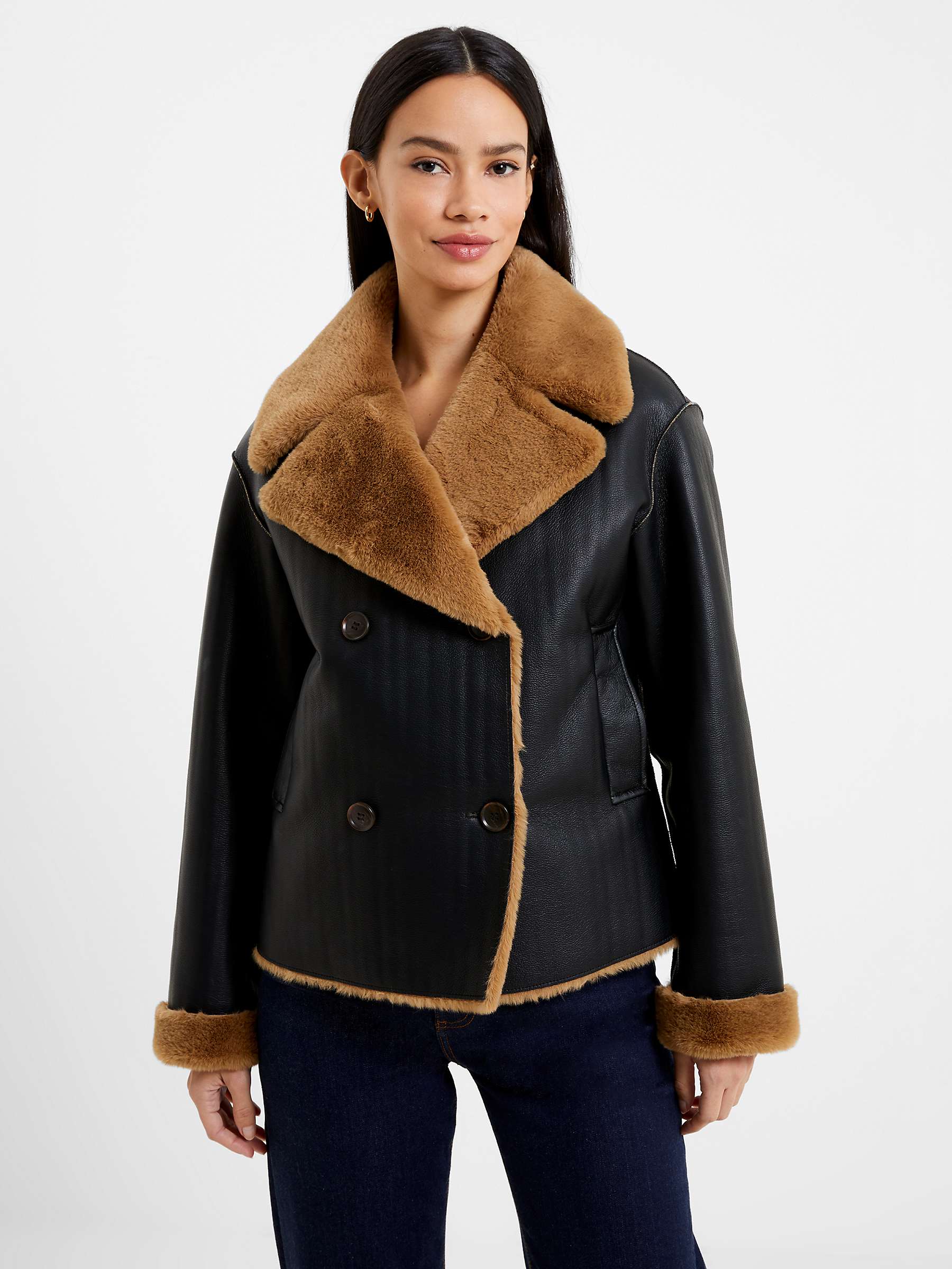 French Connection Cerys Faux Fur Jacket, Blackout/Tobacco Brown at John ...