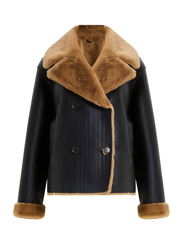 French Connection Cerys Faux Fur Jacket, Blackout/Tobacco Brown
