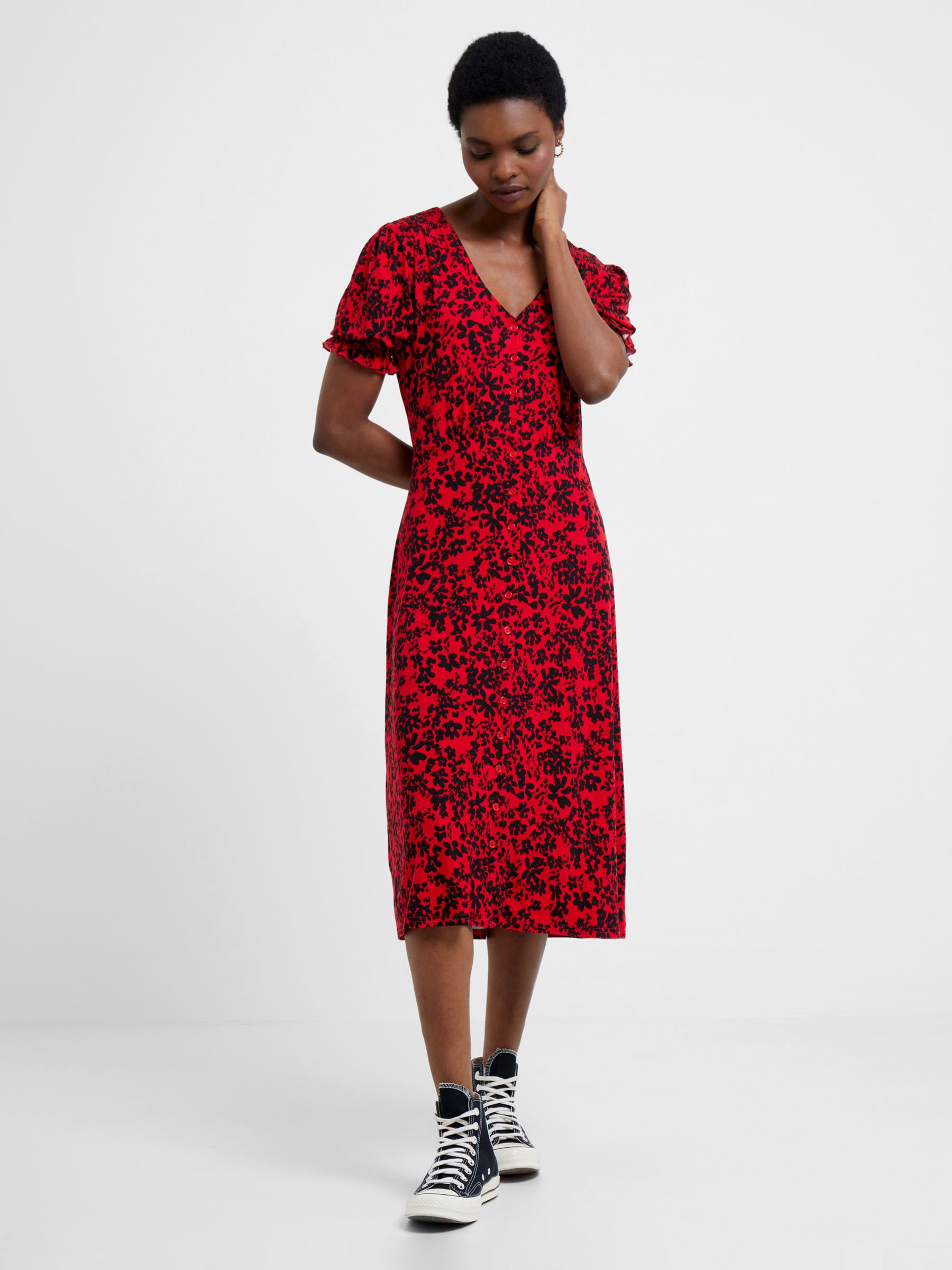 French Connection Vee Button Thru Dress, Red/Black