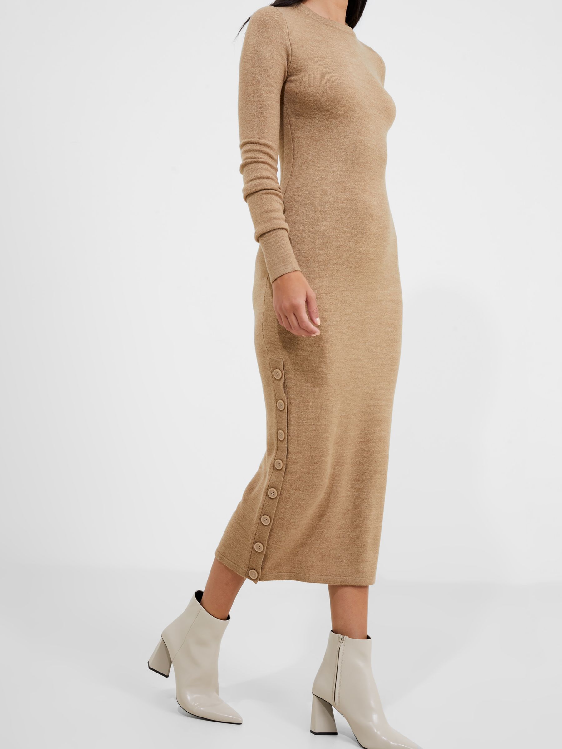 French Connection Babysoft Button Detail Midi Dress, Camel Melange, XS