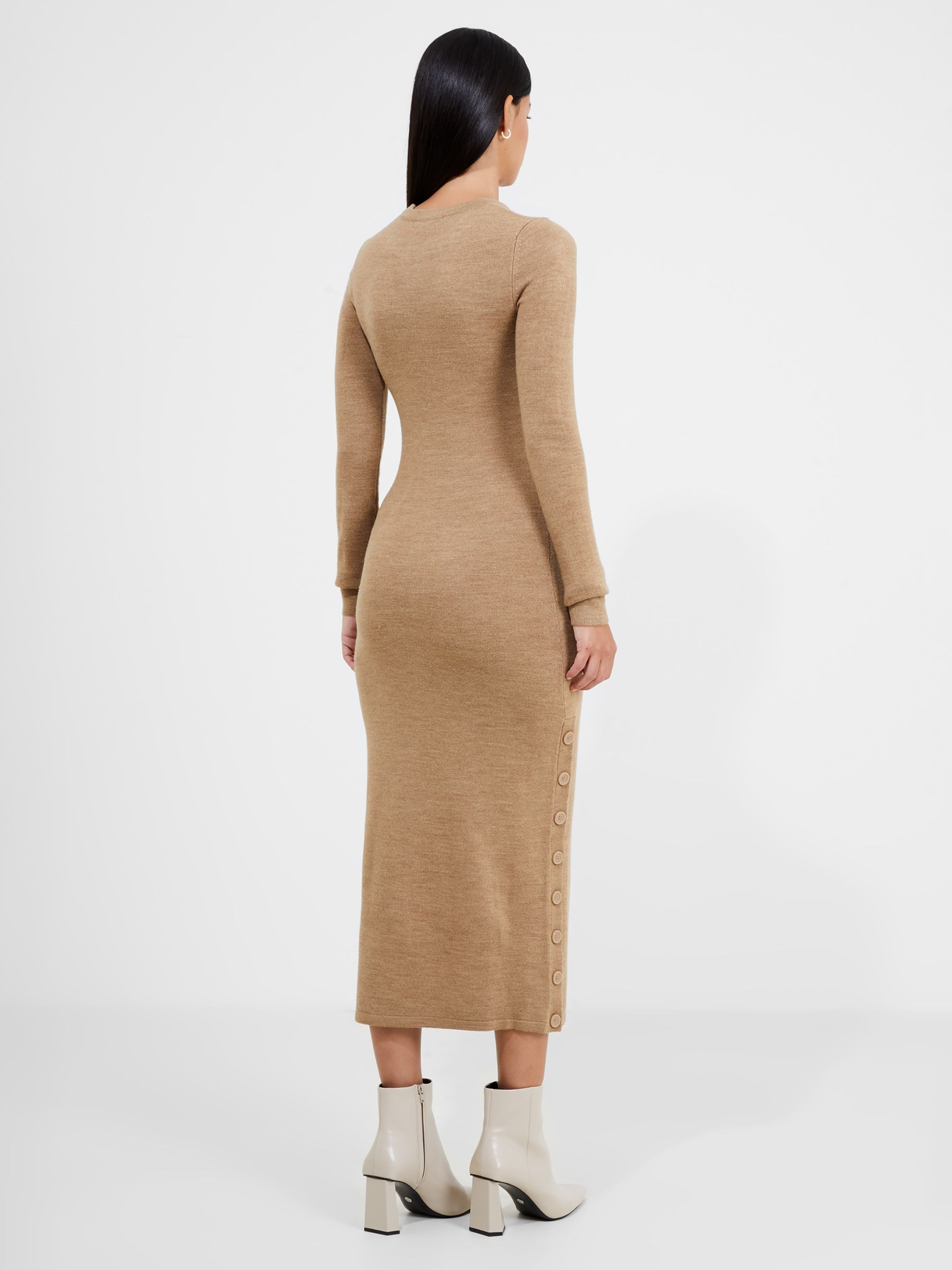 French Connection Babysoft Button Detail Midi Dress, Camel Melange, XS