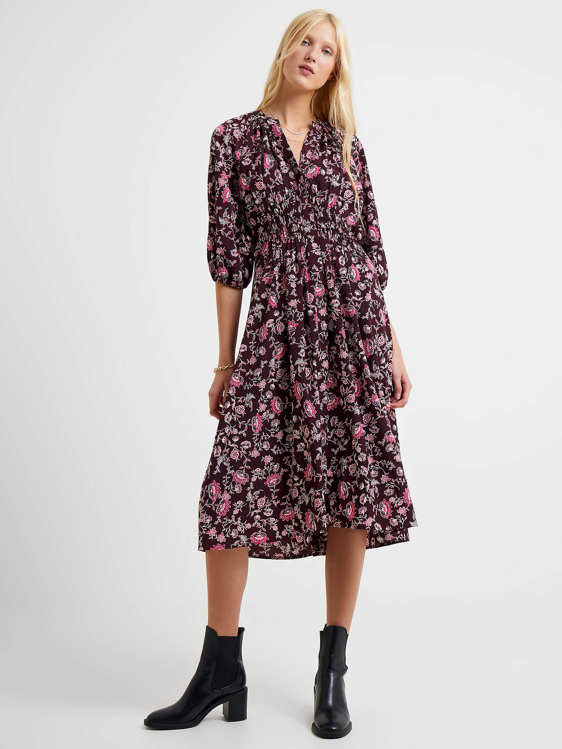 Buy French Connection Floral Print Pleat Detail Dress, Plum/Multi Online at johnlewis.com