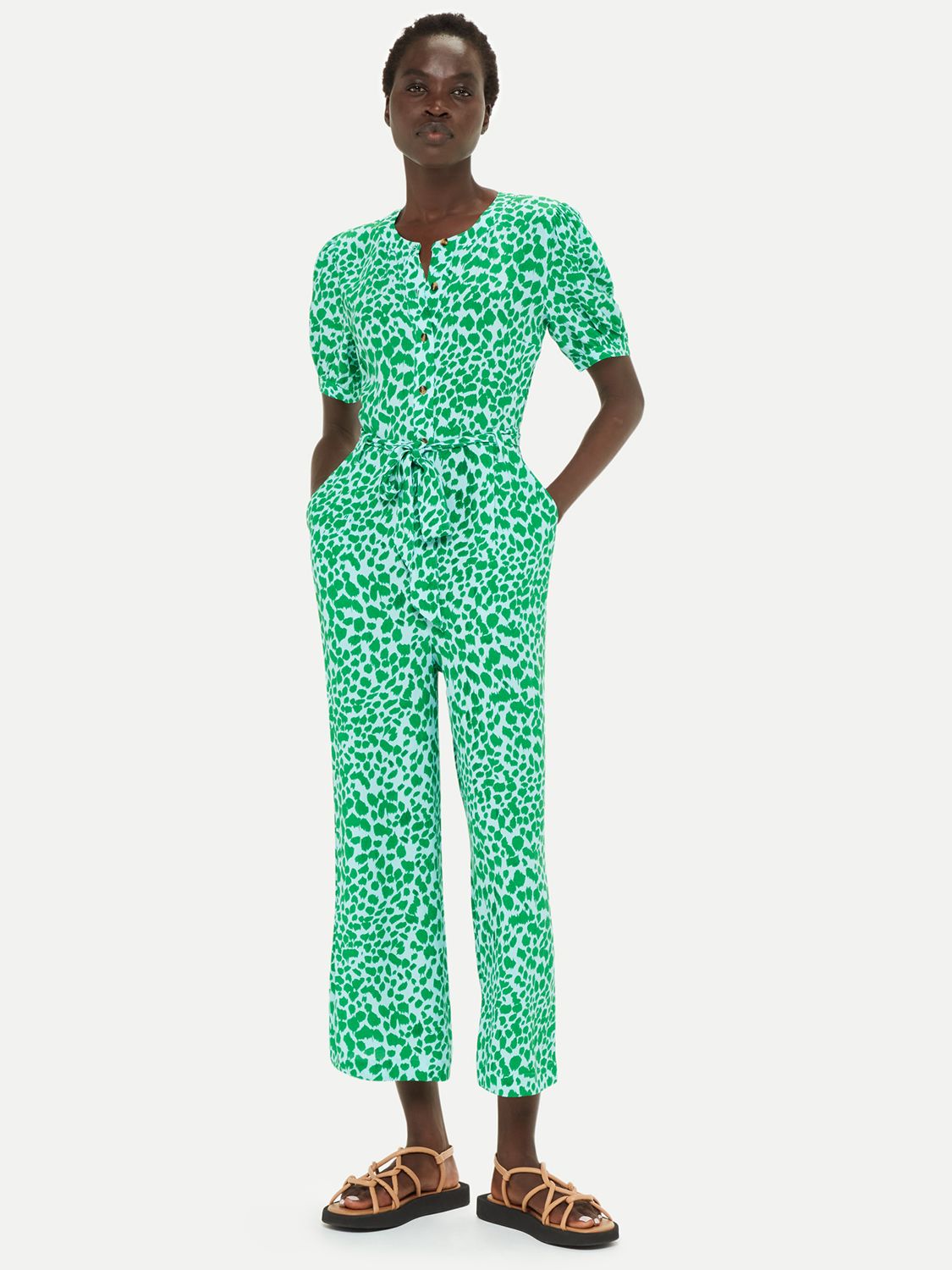 Whistles Petite Smooth Leopard Print Jumpsuit, Green/Blue, 14