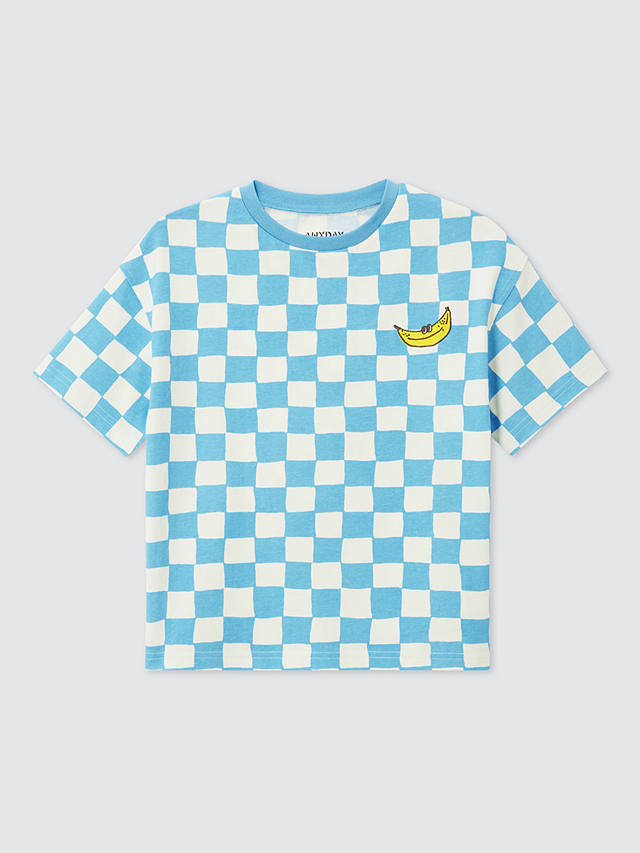 John Lewis ANYDAY Kids' Checker T-Shirt, Air Blue/Gardenia