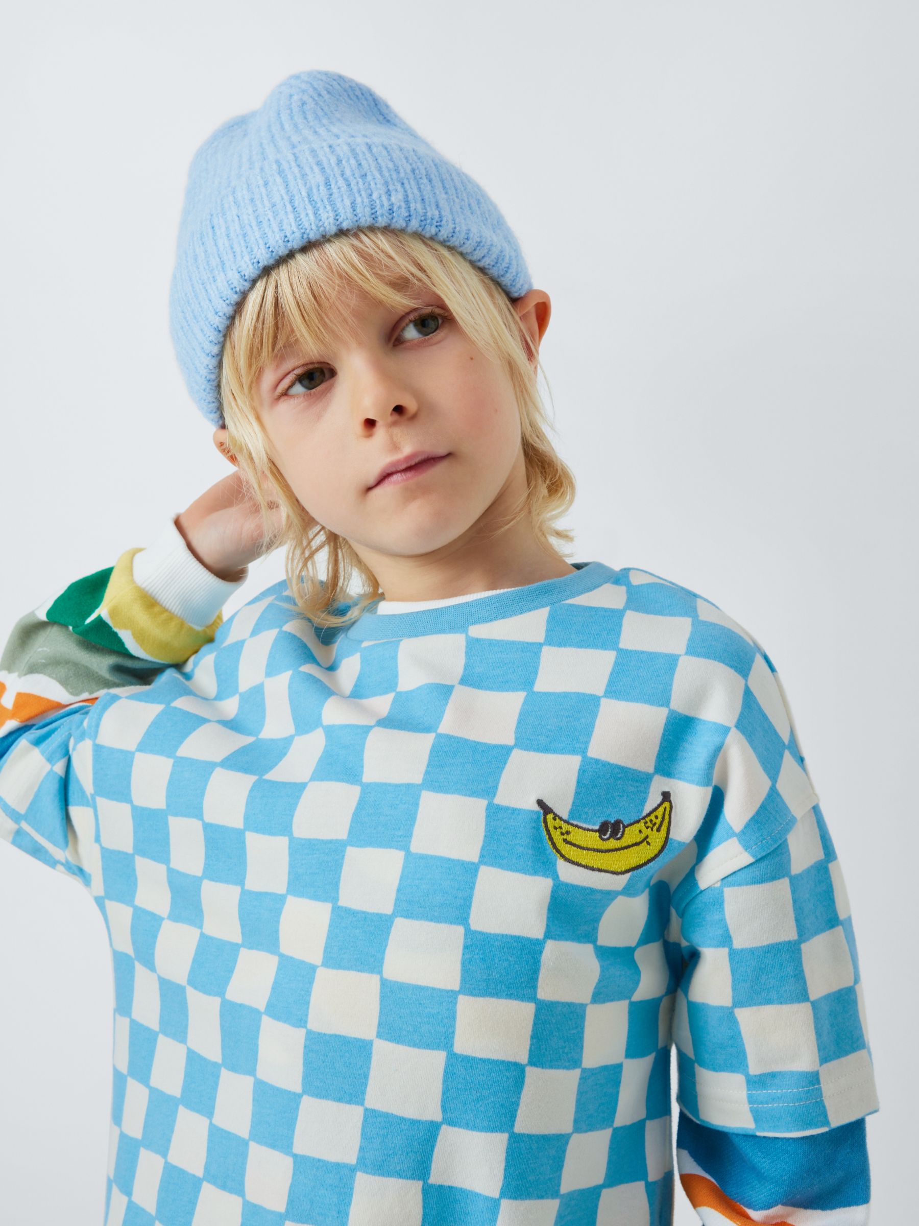 John Lewis ANYDAY Kids' Checker T-Shirt, Air Blue/Gardenia, 9 years
