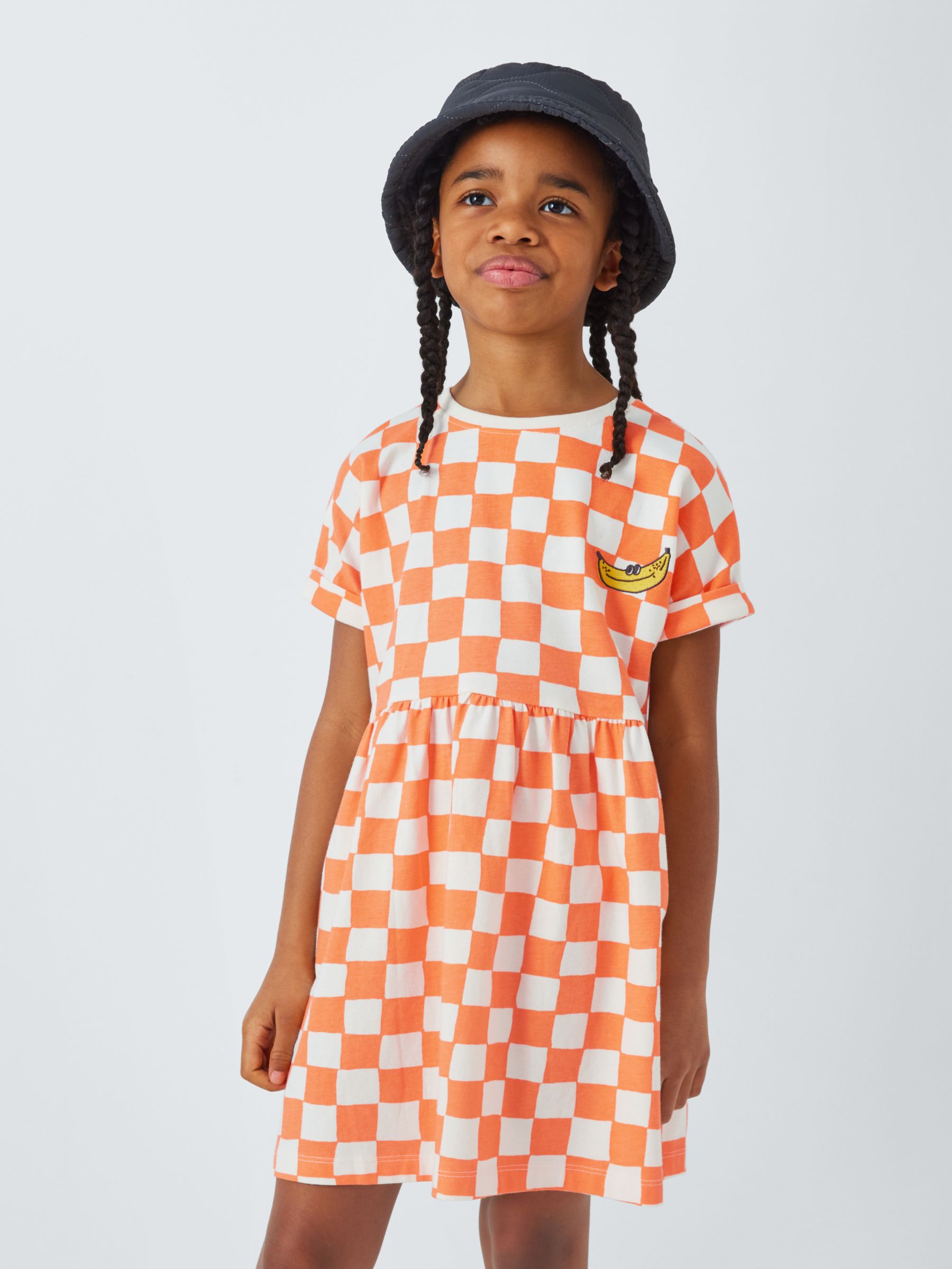 John Lewis ANYDAY Kids' Checker Dress, Gardenia/Tangerine, 11 years