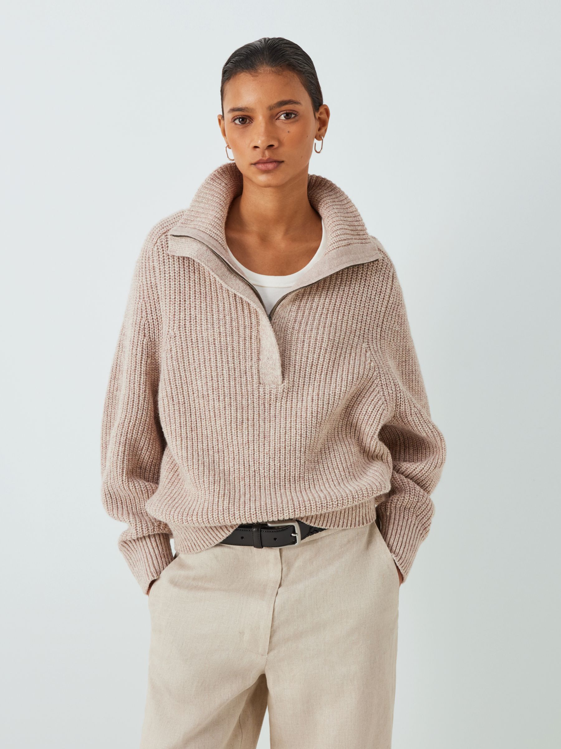 Oversized Half-zip Sweater - Light beige - Ladies