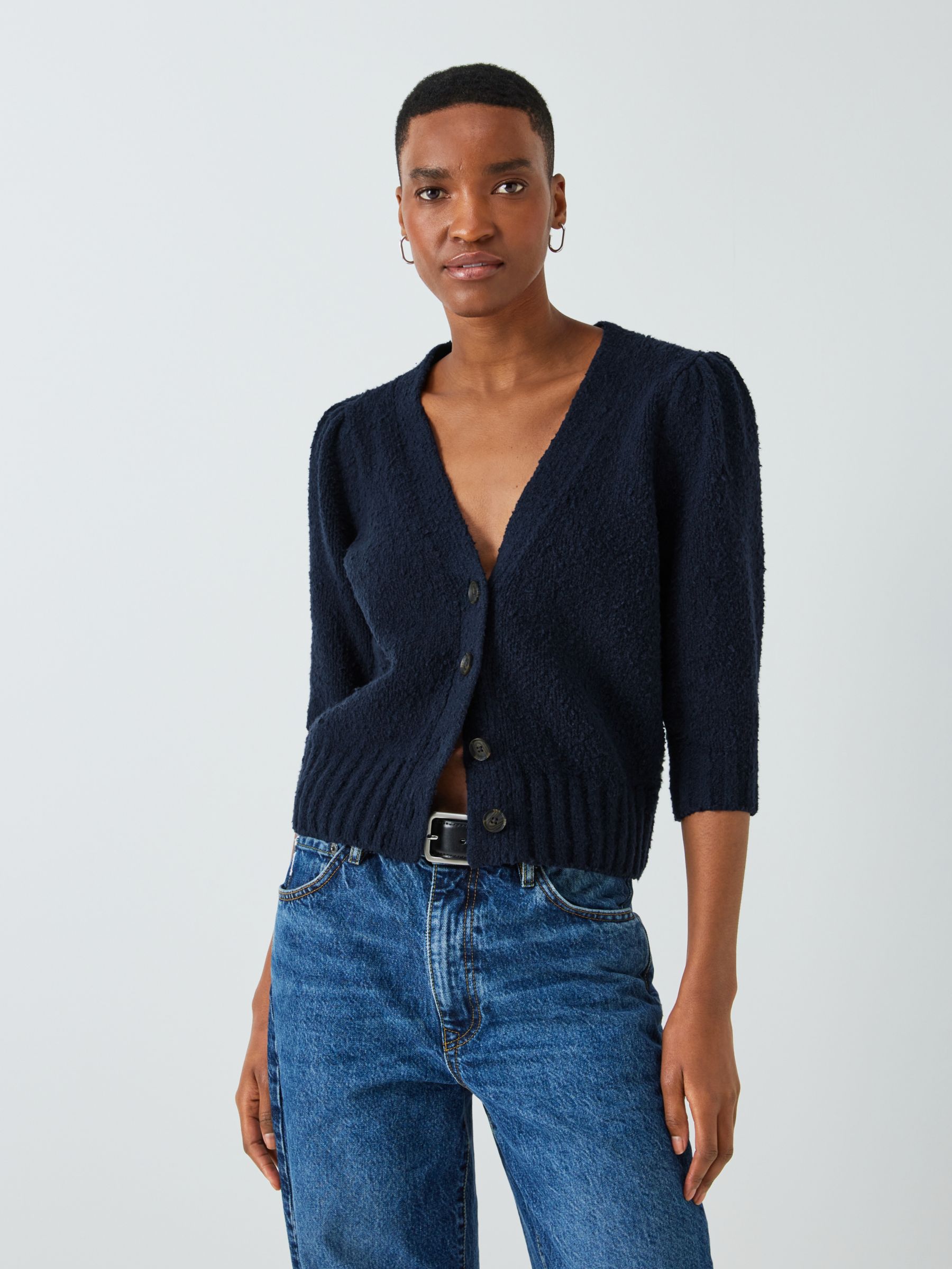 John Lewis Cotton Bouclé Cardigan, Navy at John Lewis & Partners