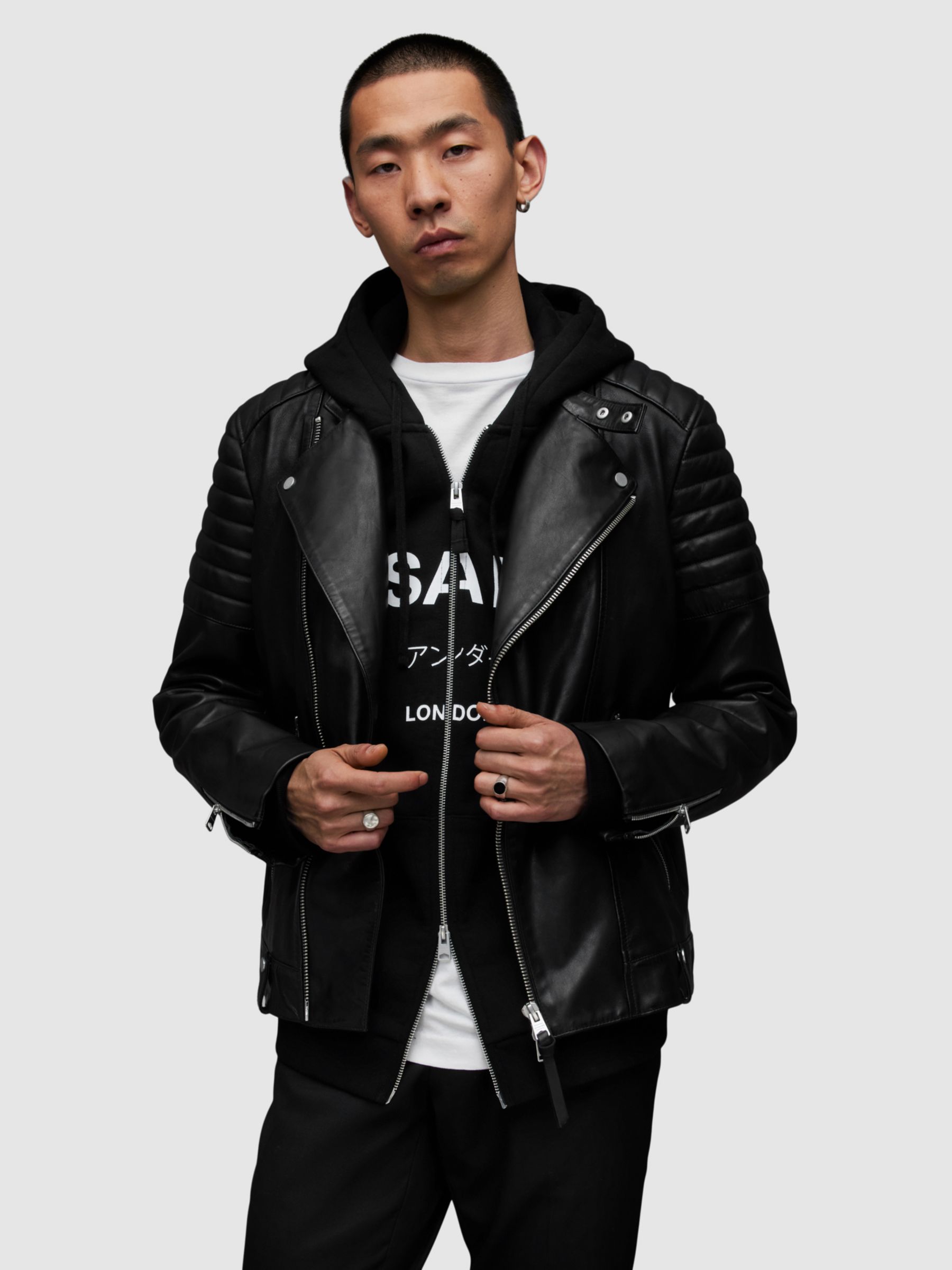 AllSaints Silas Leather Biker Jacket, Black at John Lewis & Partners