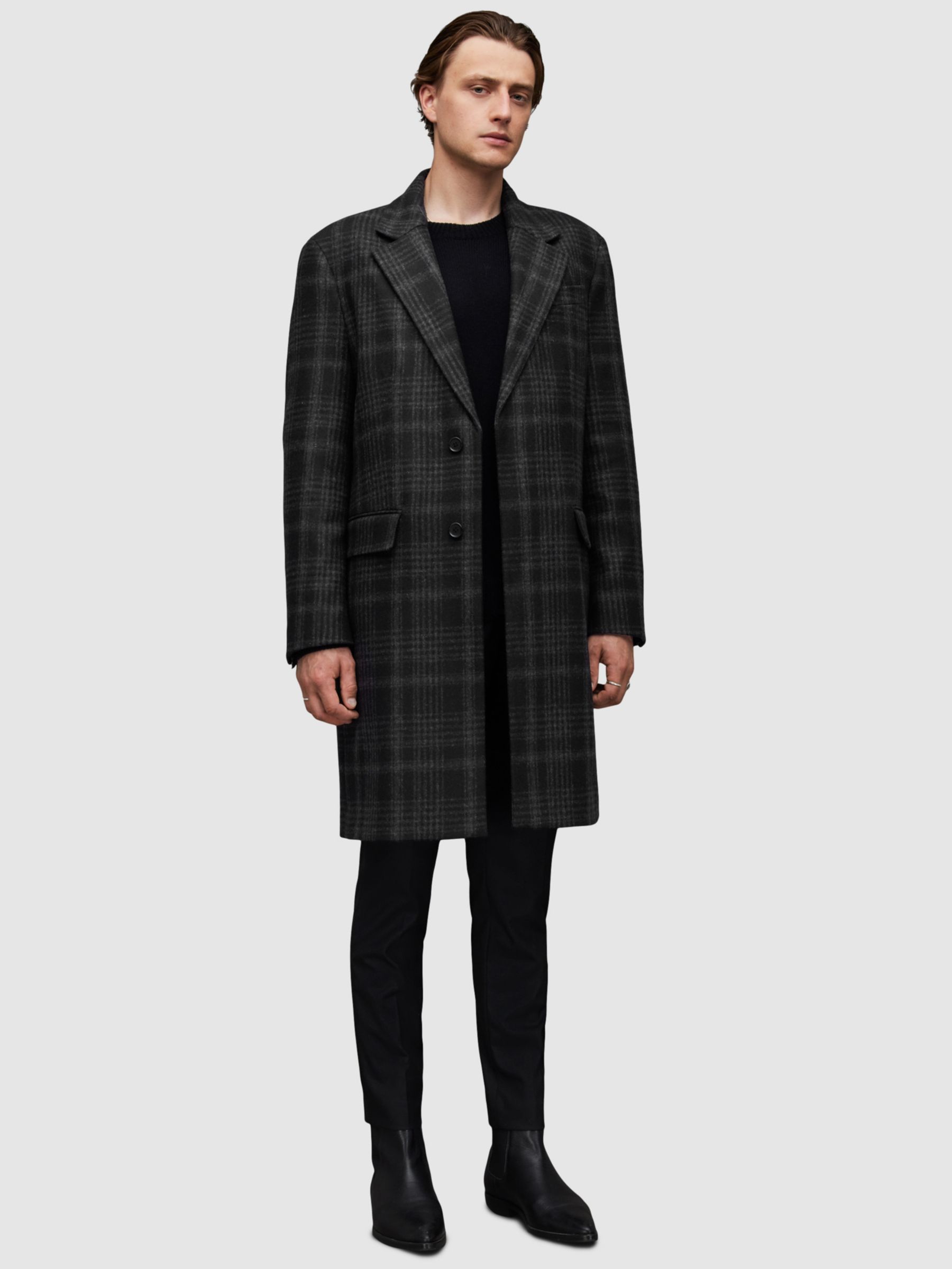 AllSaints Sargas Wool Blend Checked Coat, Black/Grey, 44R