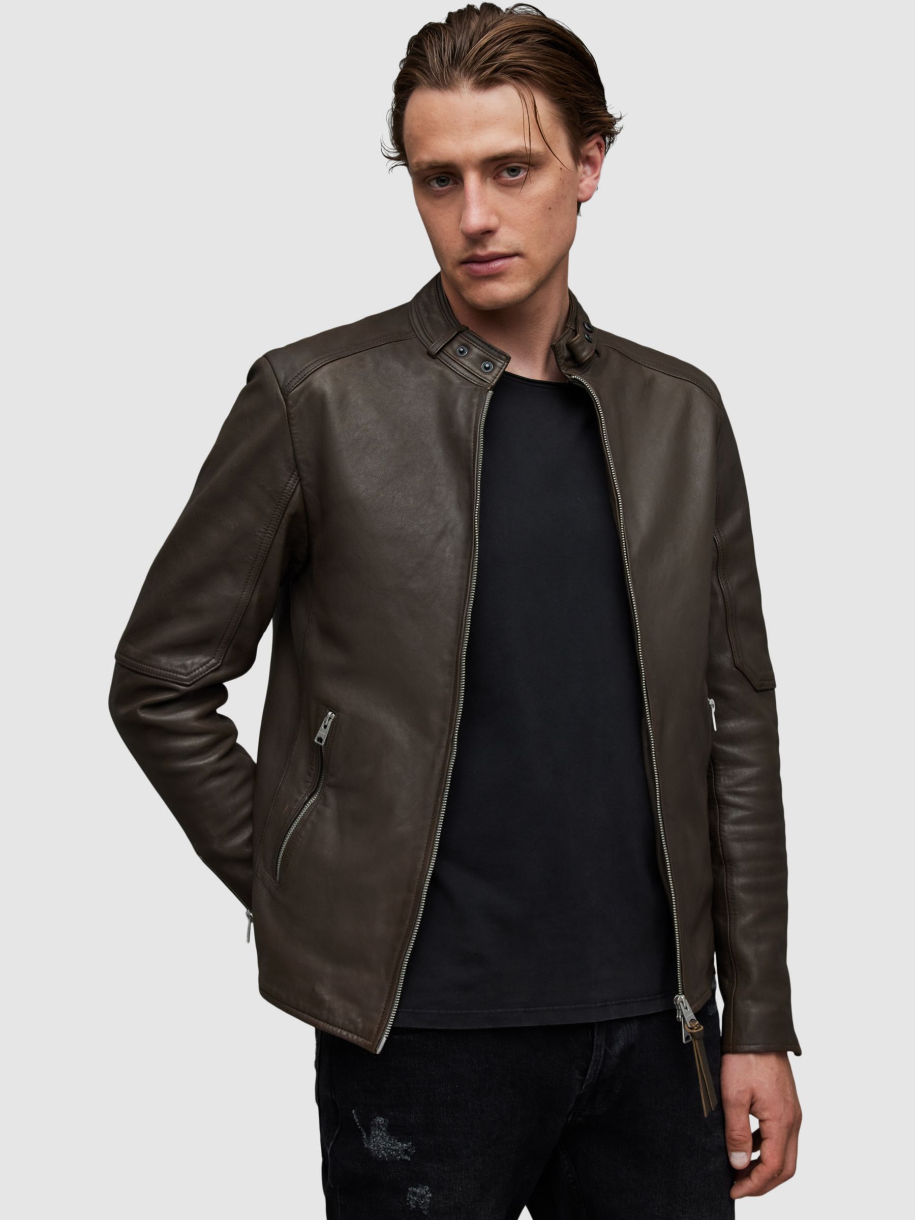 AllSaints Cora Leather Jacket, Splinter Brown at John Lewis & Partners