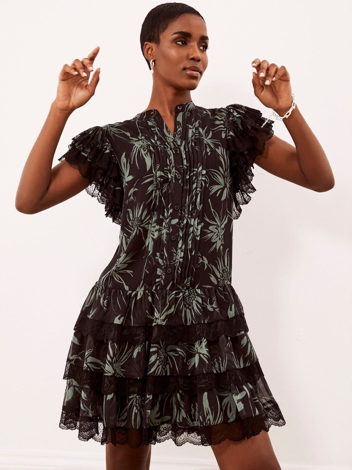 Mint Velvet Samira Print Frill Mini Dress, Green/Multi at John Lewis ...