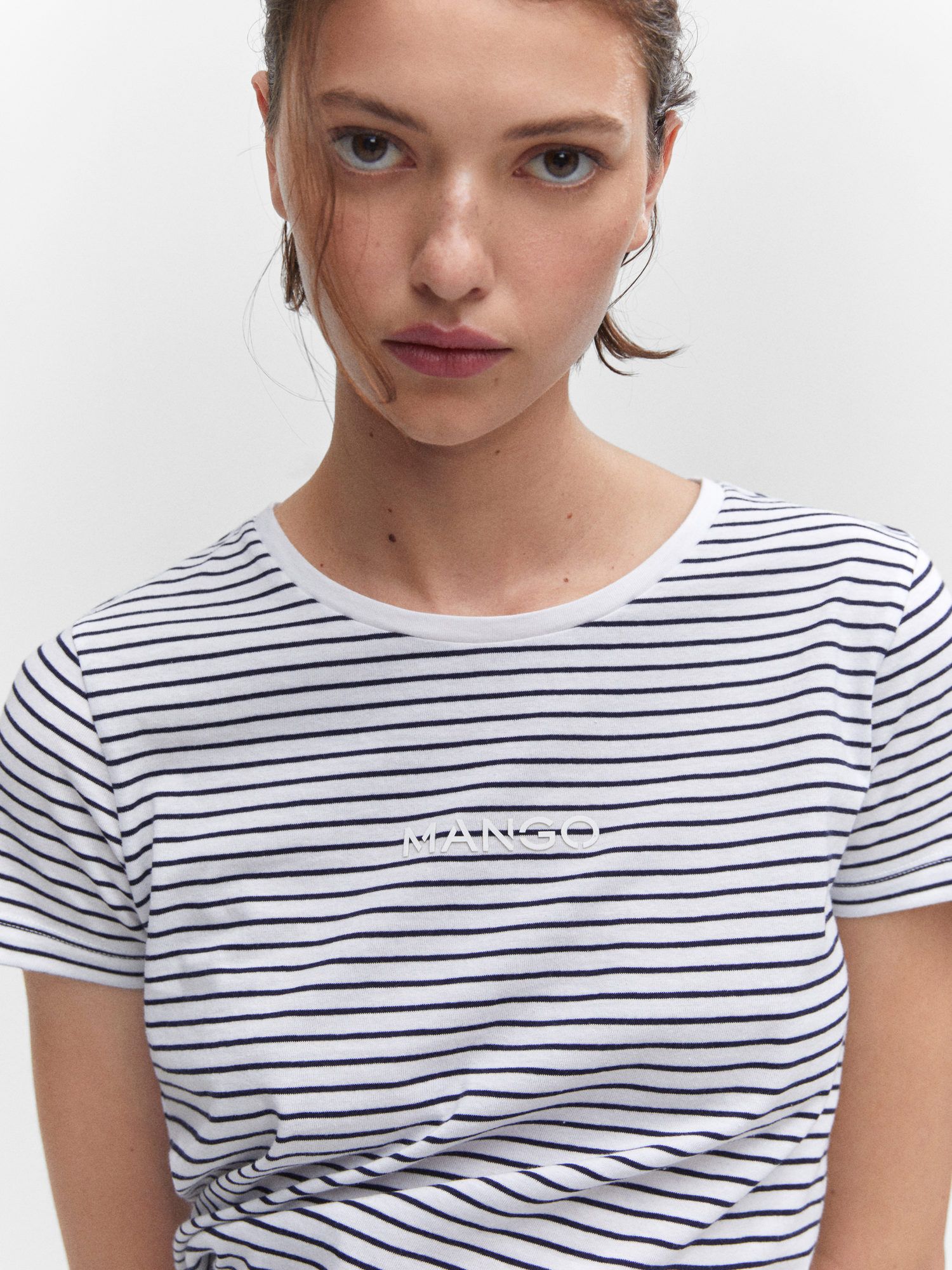 Mango Striped Logo T-Shirt, Navy/White at John Lewis & Partners