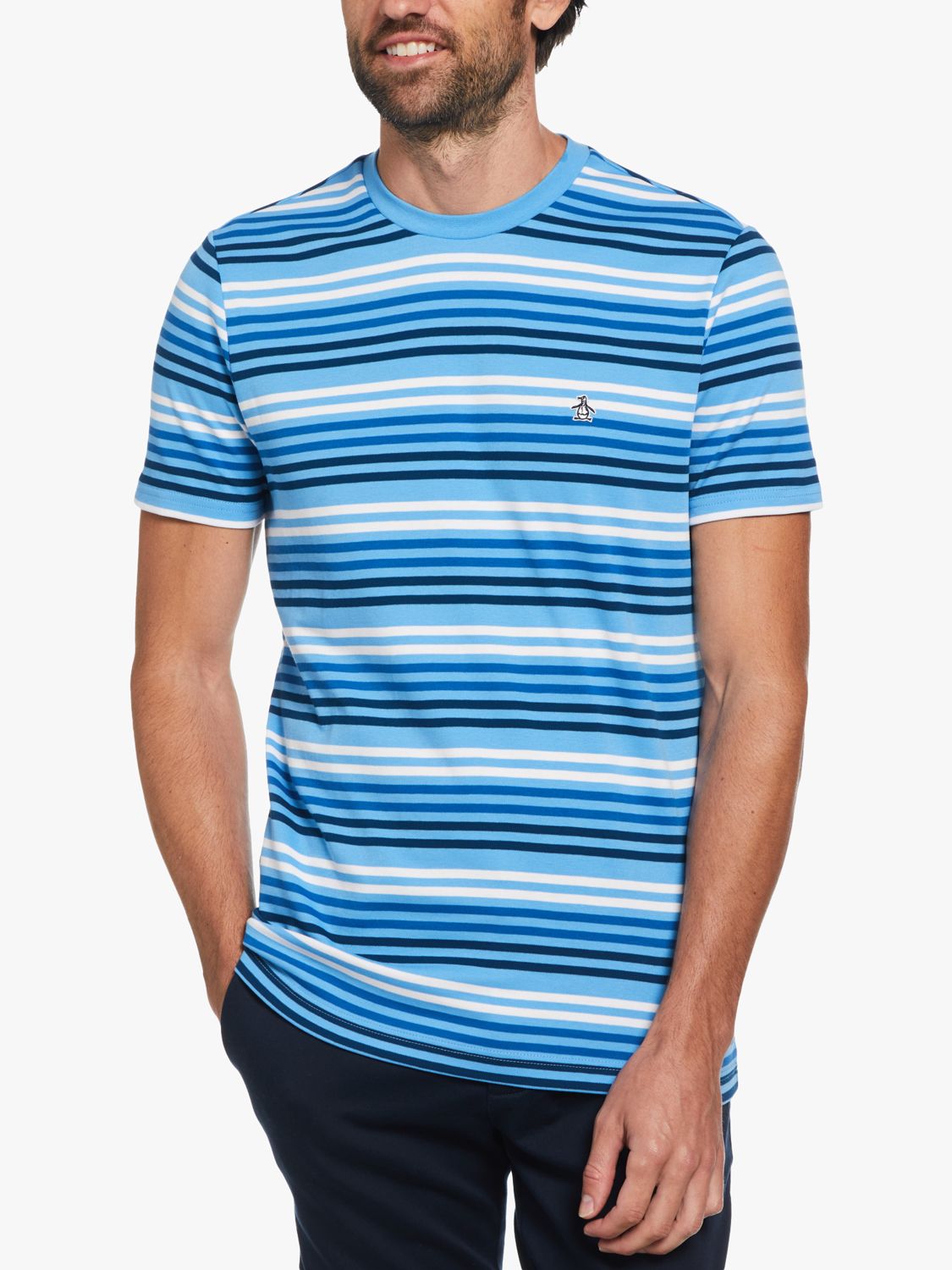 Original Penguin Engineers Stripe T-Shirt, Azure Blue at John Lewis ...
