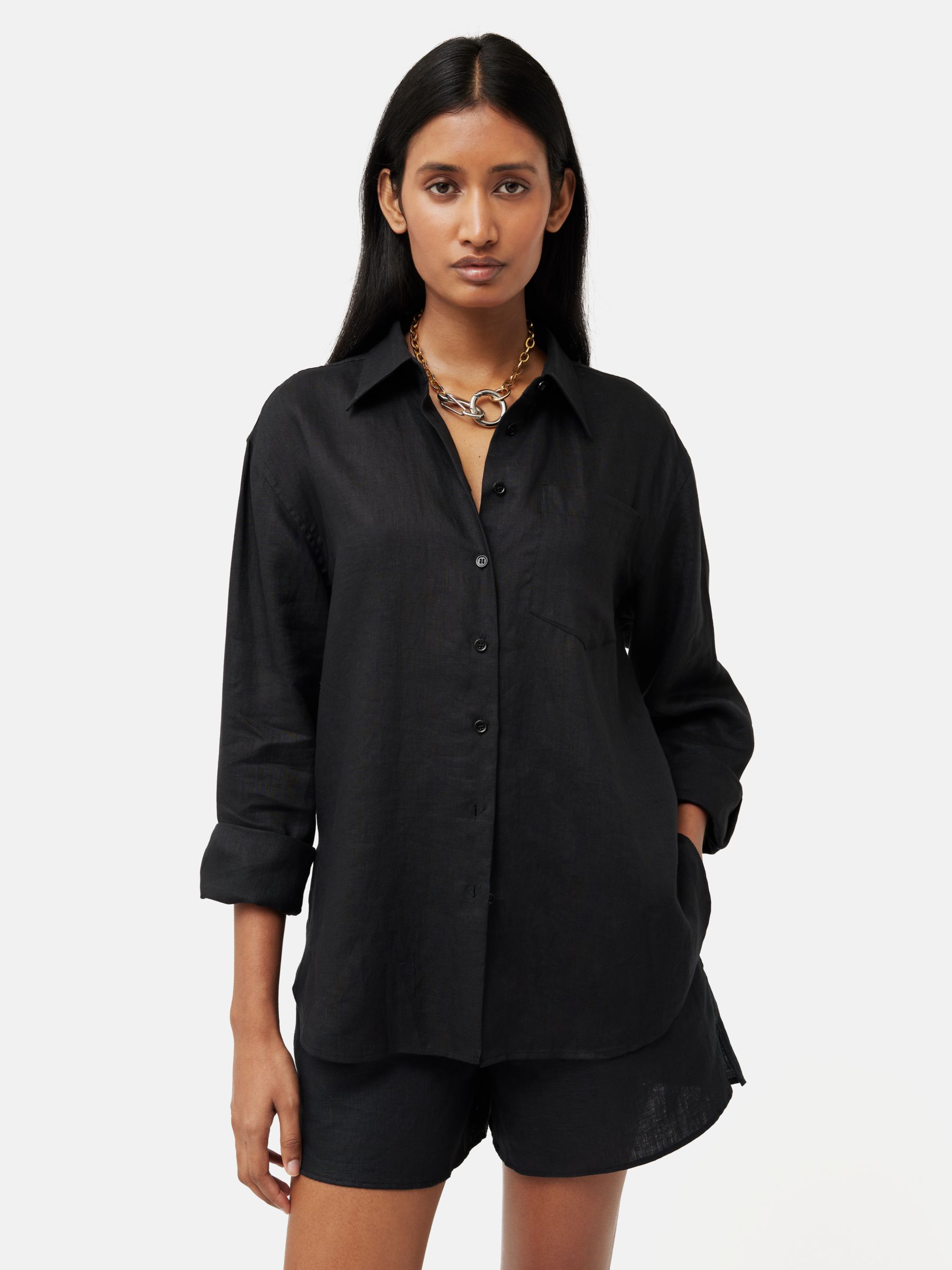 Jigsaw Relaxed Linen Shirt, Black at John Lewis & Partners