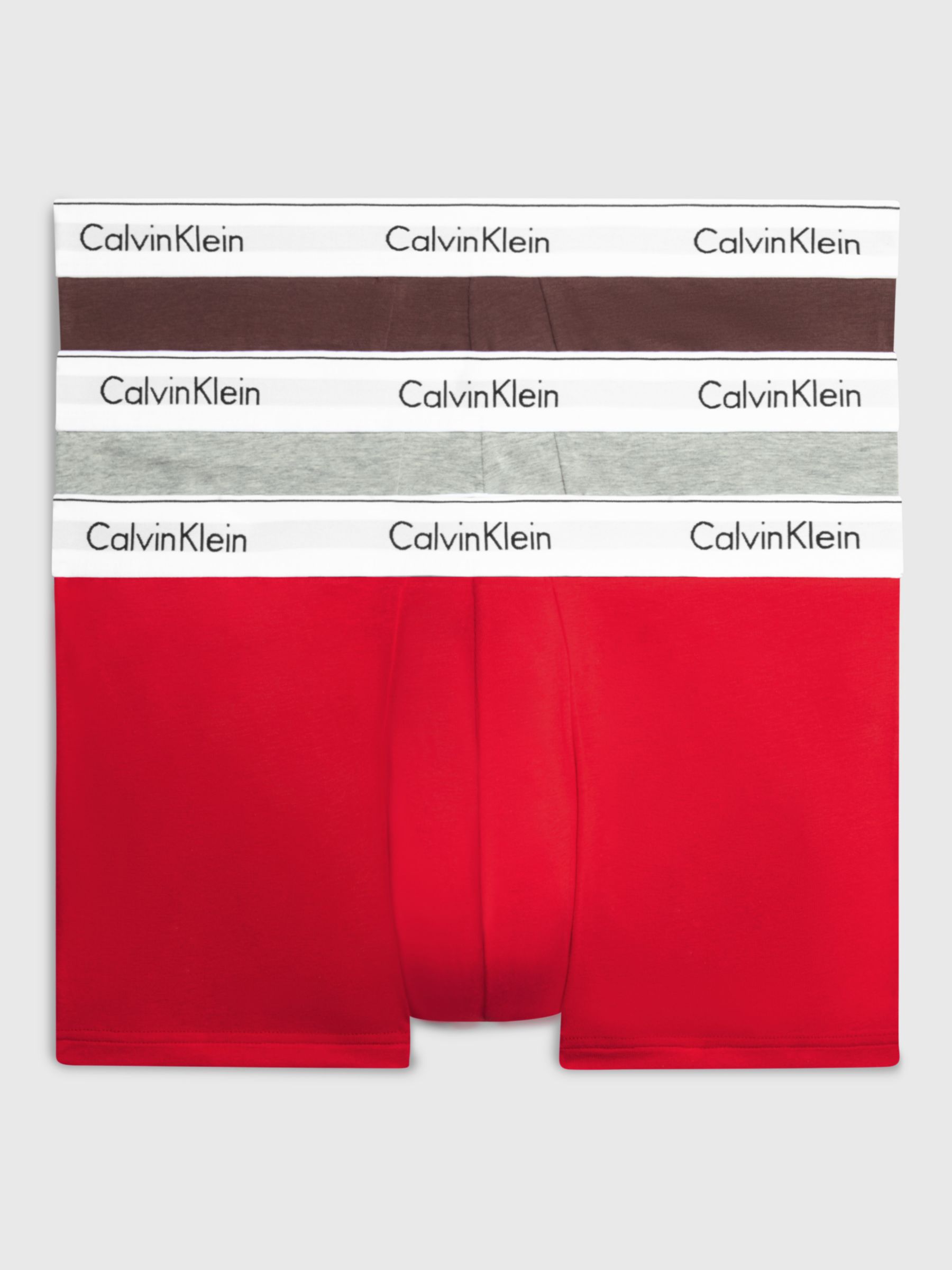 Calvin Klein Modern Cotton Trunks, Pack of 3, Grey/Mahogany/Red at John ...
