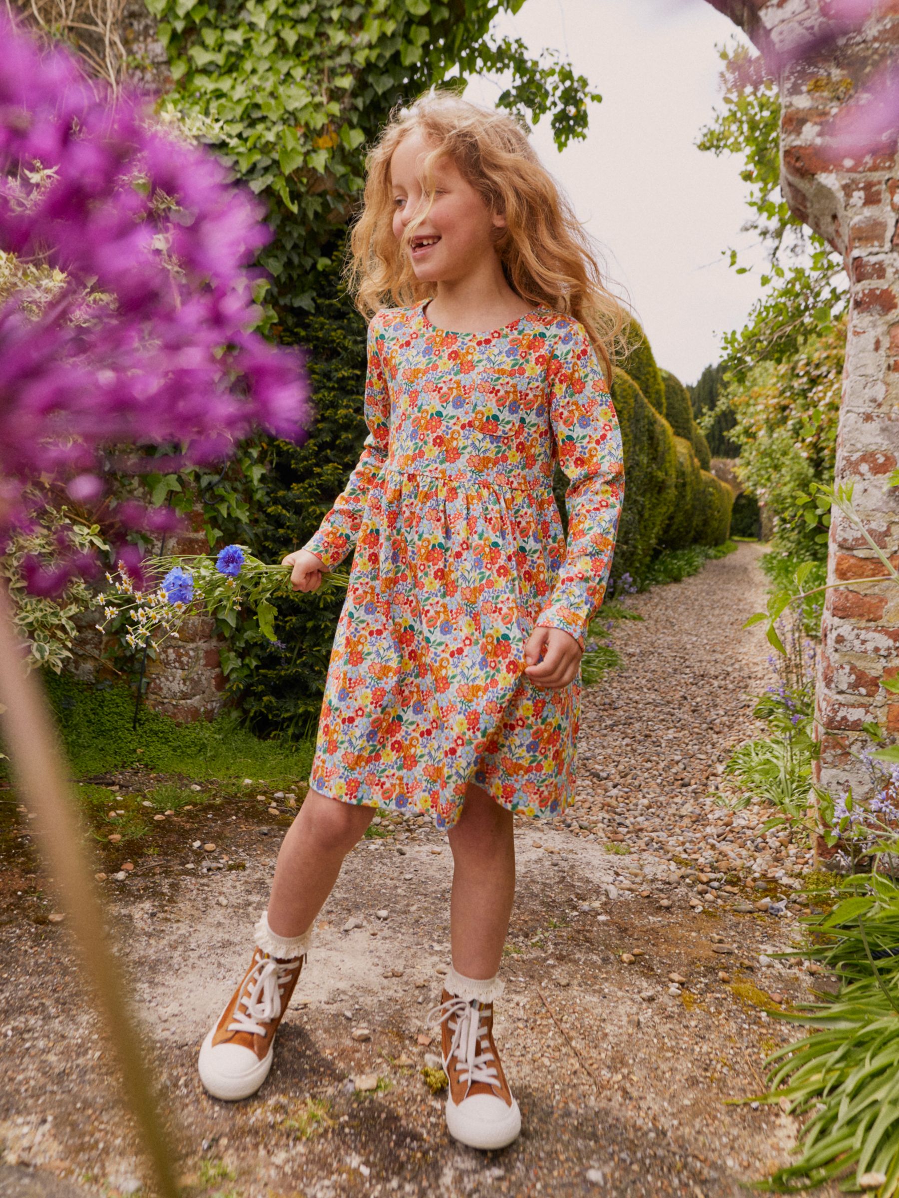 Mini Boden Kids' Long Sleeved Floral Print Jersey Dress, Multi, 12