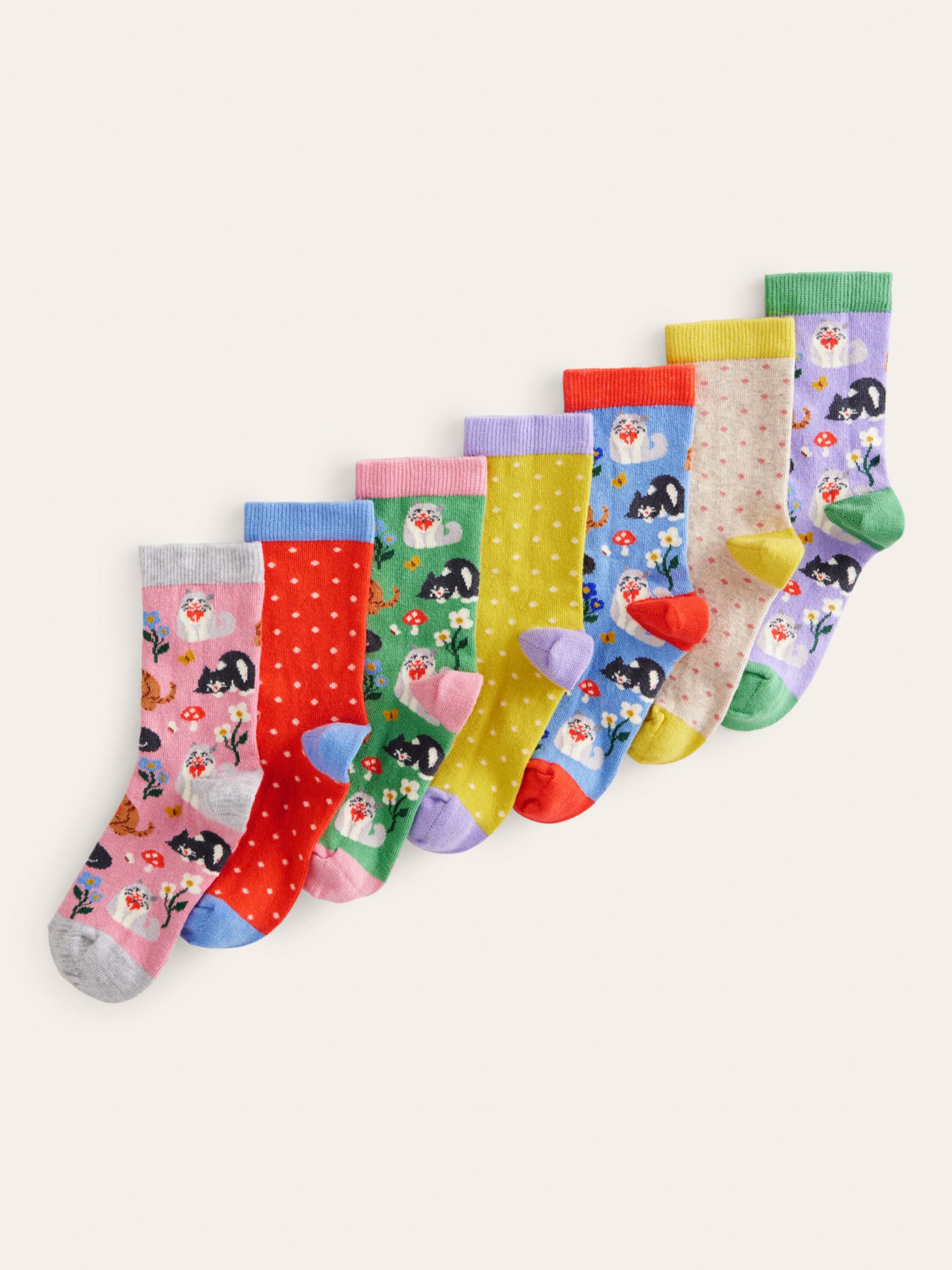 Mini Boden Kids' Cat Print Socks, Pack of 7, Multi, 3-5.5