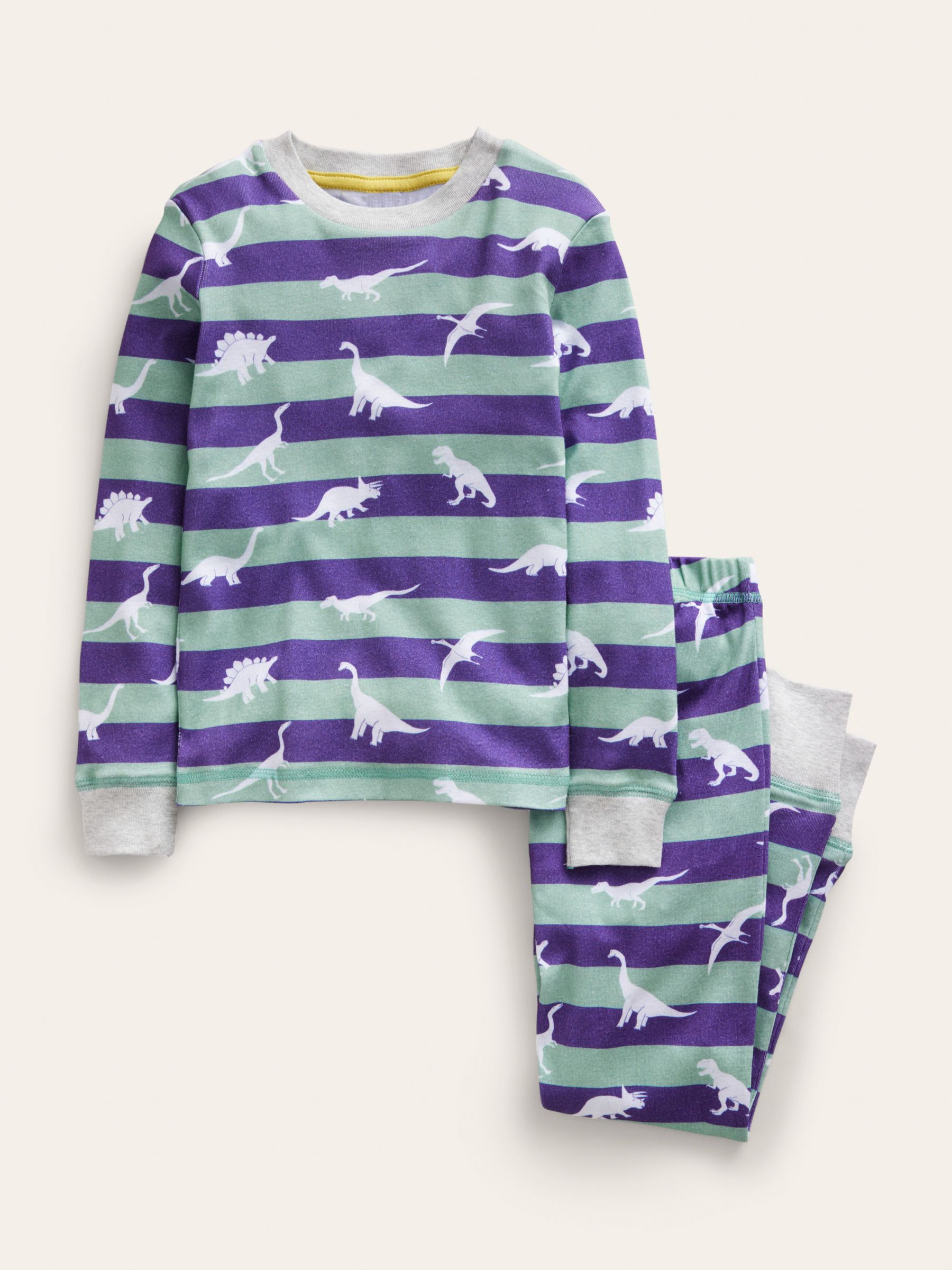 Mini Boden Kids' Single Glow-in-the-Dark Dinosaur Print Pyjamas Set, Green Smoke, 7 years