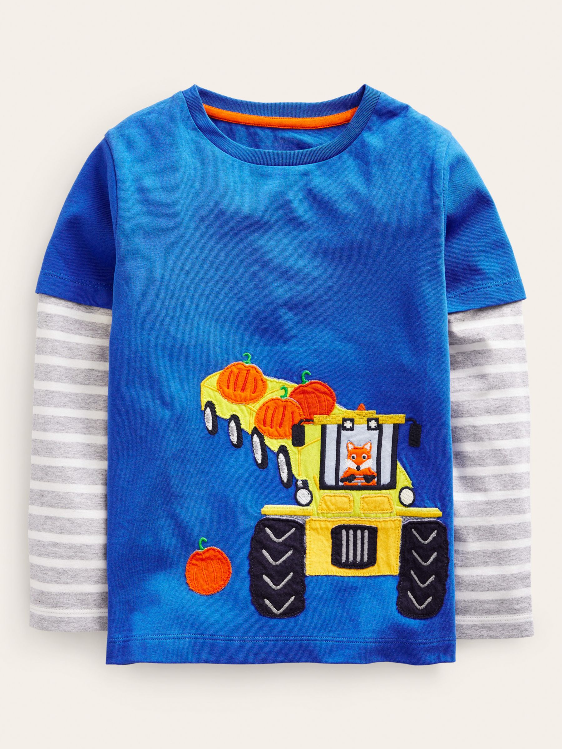Mini Boden Kids' Appliqué Mock Sleeve Halloween Pumpkin T-Shirt, Delft Blue