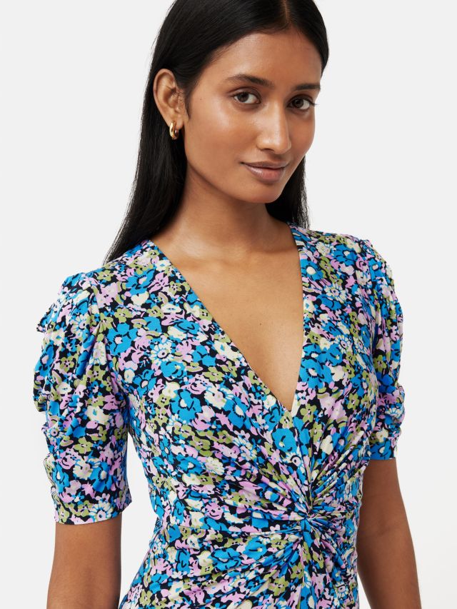 Jigsaw Vintage Floral Jersey Midi Dress, Blue/Multi, XS