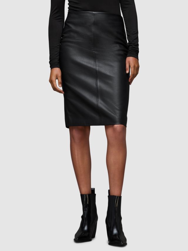 AllSaints Lucille Pencil Leather Skirt, Black, 4