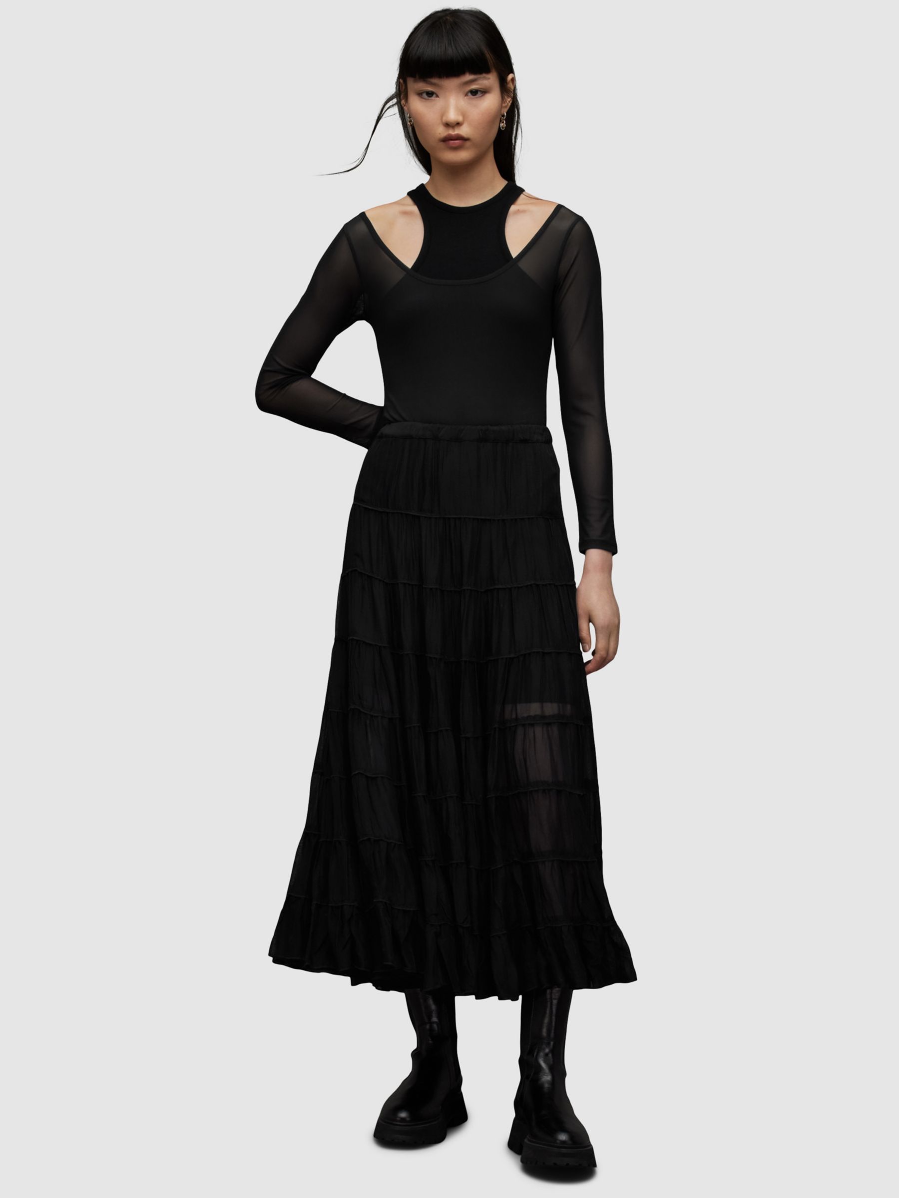 AllSaints Eva Tiered Maxi Skirt, Black at John Lewis & Partners