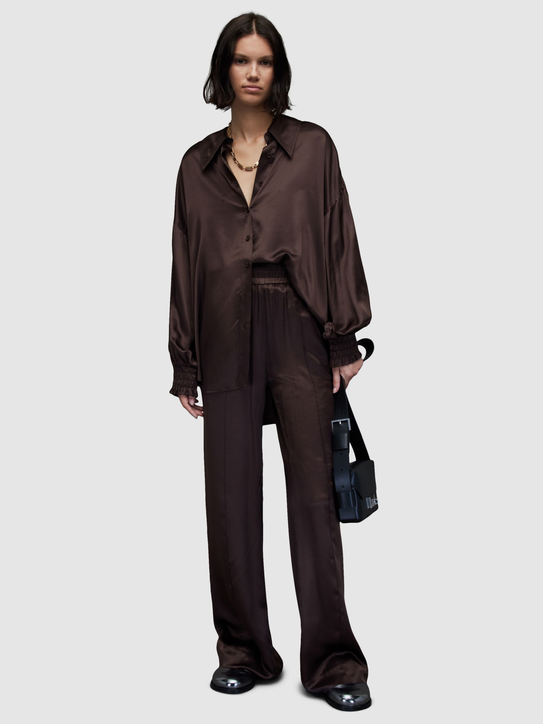 AllSaints Charli Ecovero Relaxed Shirt, Warm Cacao Brown at John Lewis ...