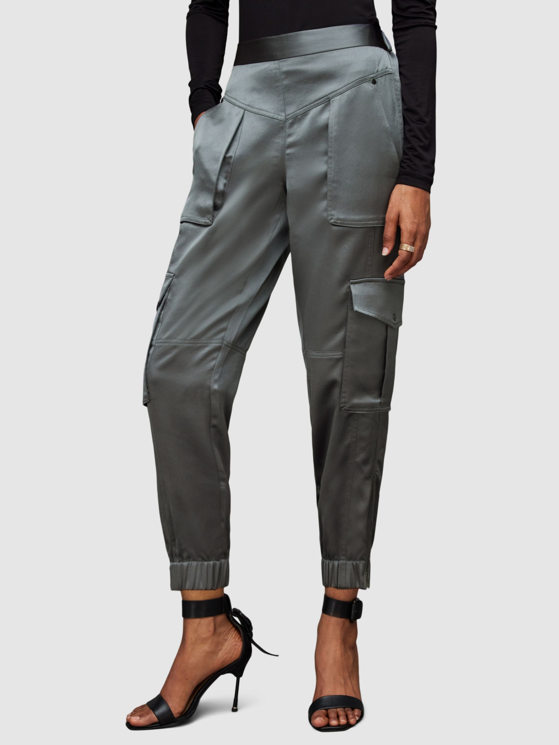 AllSaints Astarte High Rise Tapered Cargo Trousers, Smoke Grey