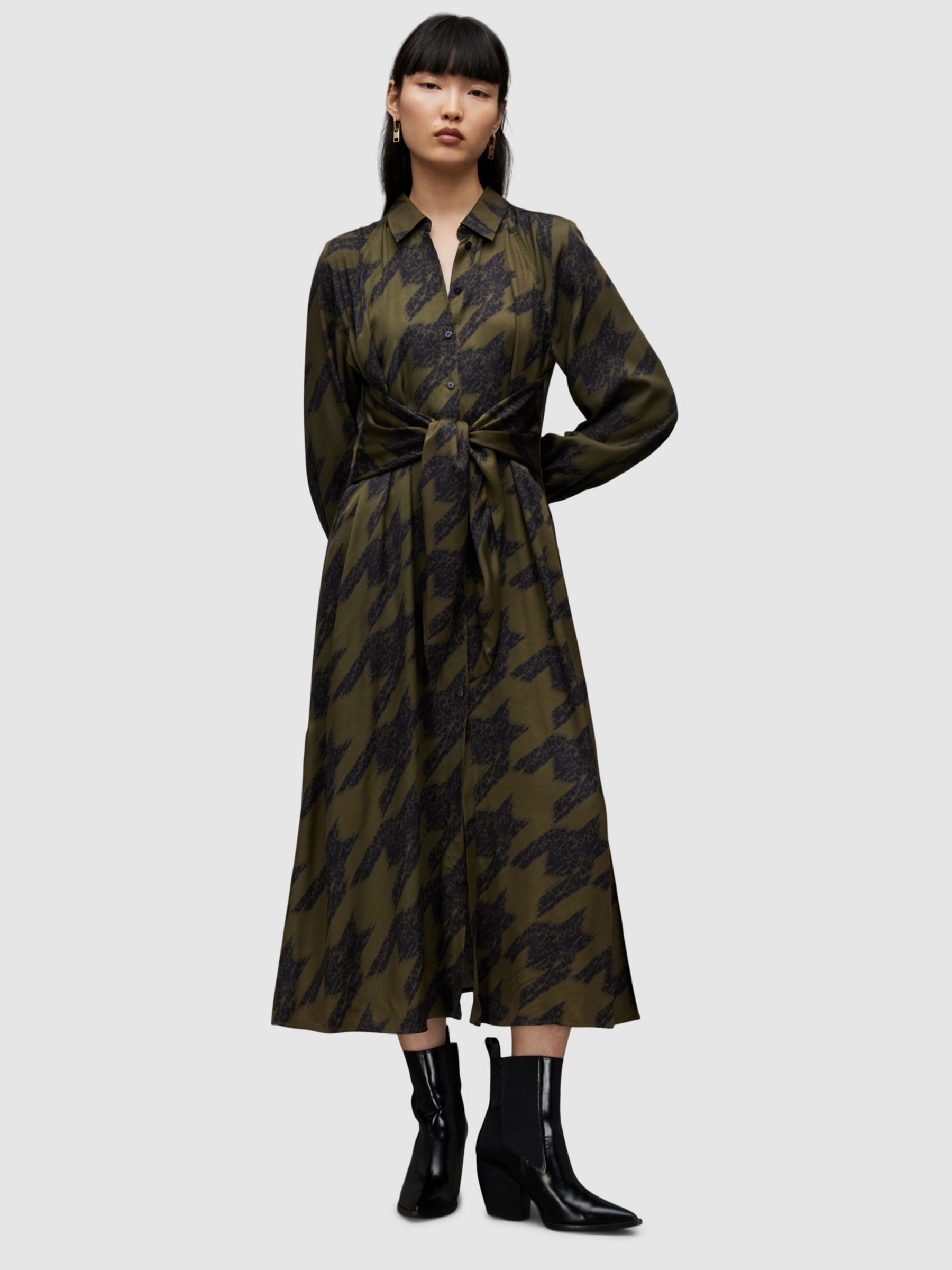 AllSaints Clanetta Toni Houndstooth Print Midi Shirt Dress, Khaki