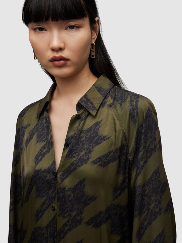 AllSaints Clanetta Toni Houndstooth Print Midi Shirt Dress, Khaki