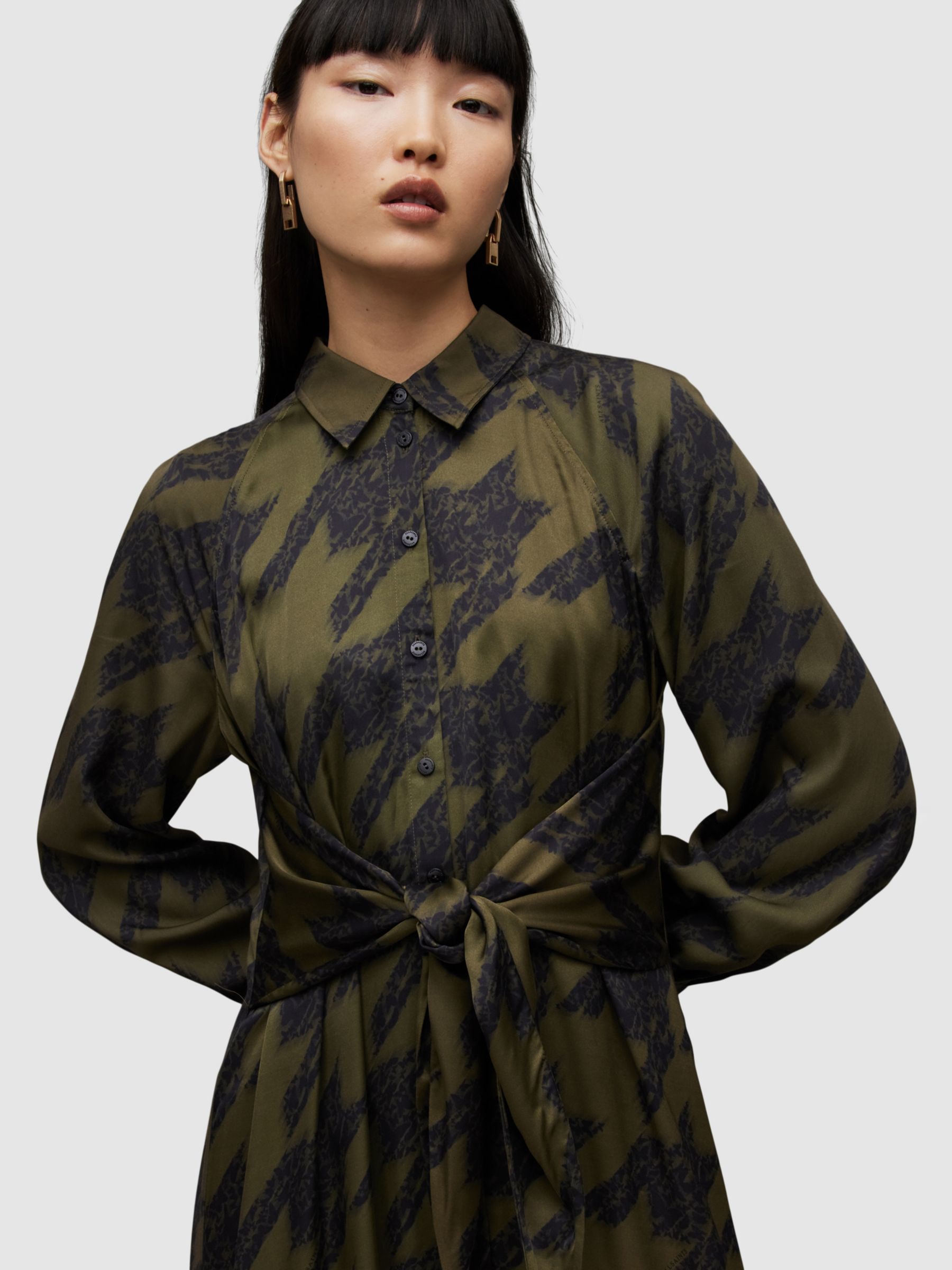 AllSaints Clanetta Toni Houndstooth Print Midi Shirt Dress, Khaki