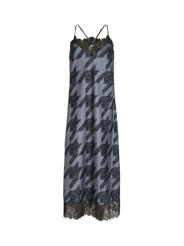 AllSaints Tigi Toni Dogtooth Midi Slip Dress, Grey, 4