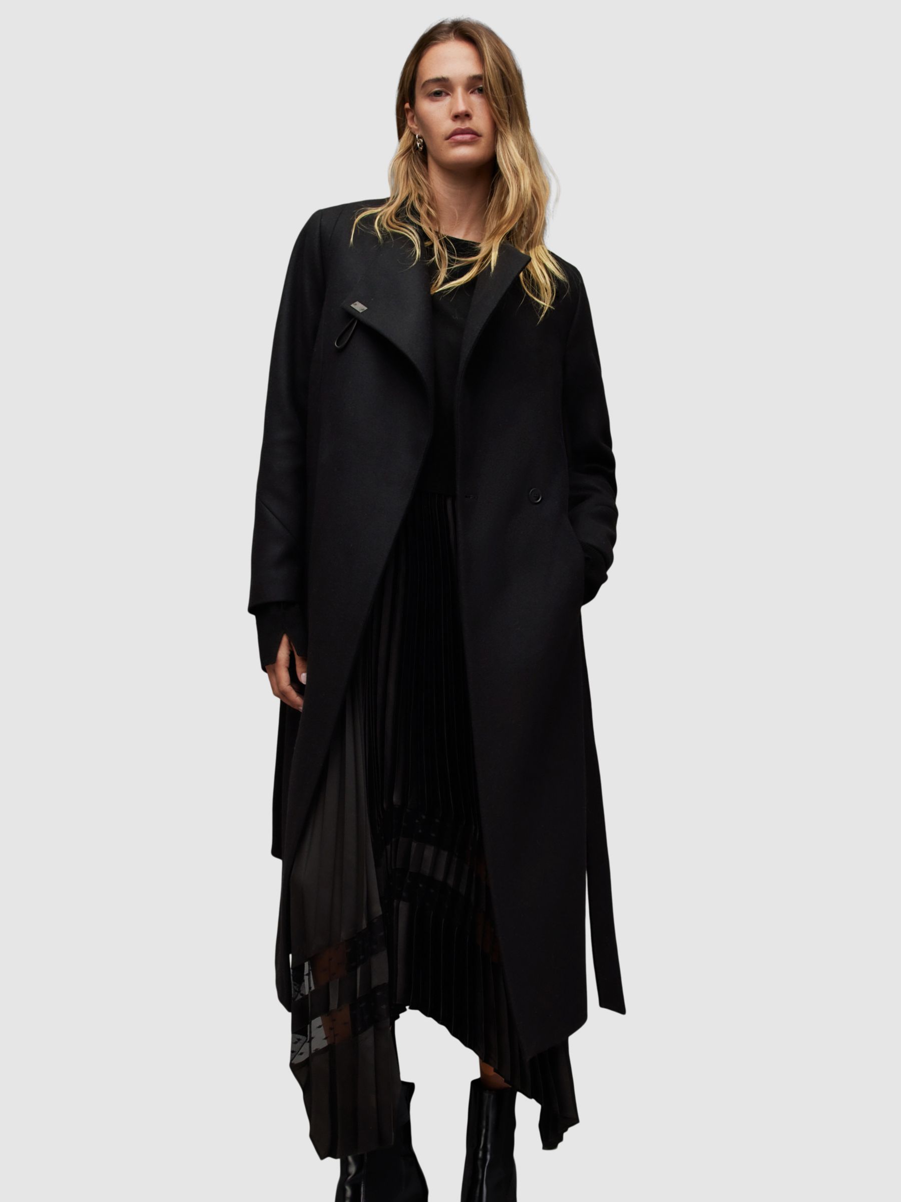 AllSaints Riley Wool Blend Longline Coat, Black at John Lewis & Partners