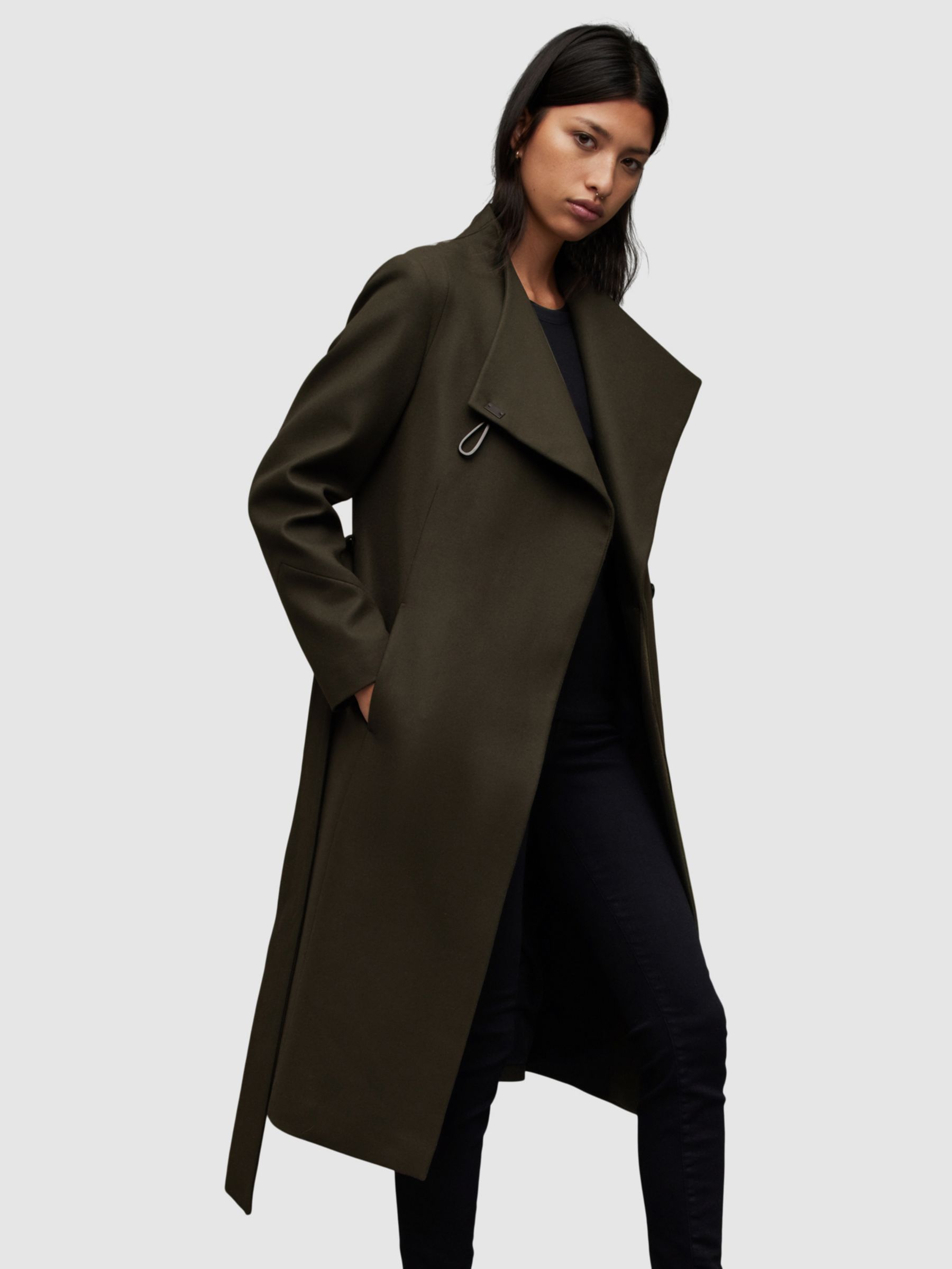 AllSaints Riley Wool Blend Longline Coat, Khaki Green