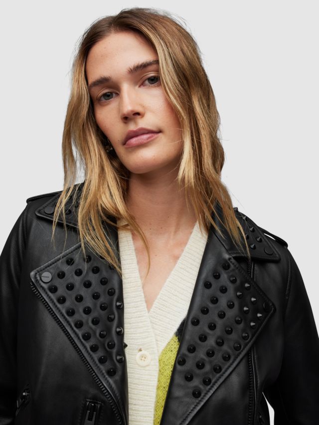 AllSaints Balfern Studded Leather Biker Jacket, Black, 4