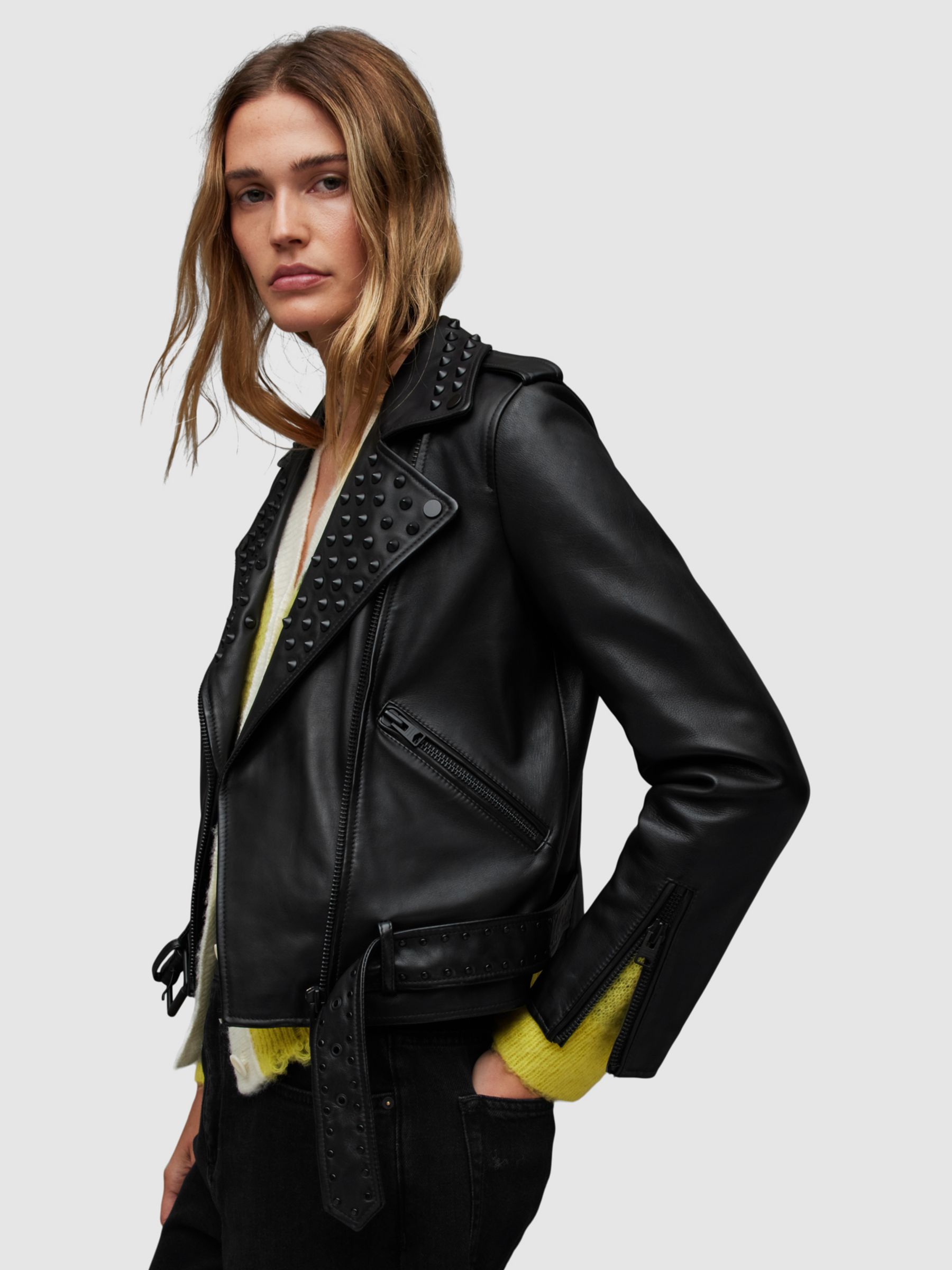 AllSaints Balfern Studded Leather Biker Jacket, Black at John Lewis ...