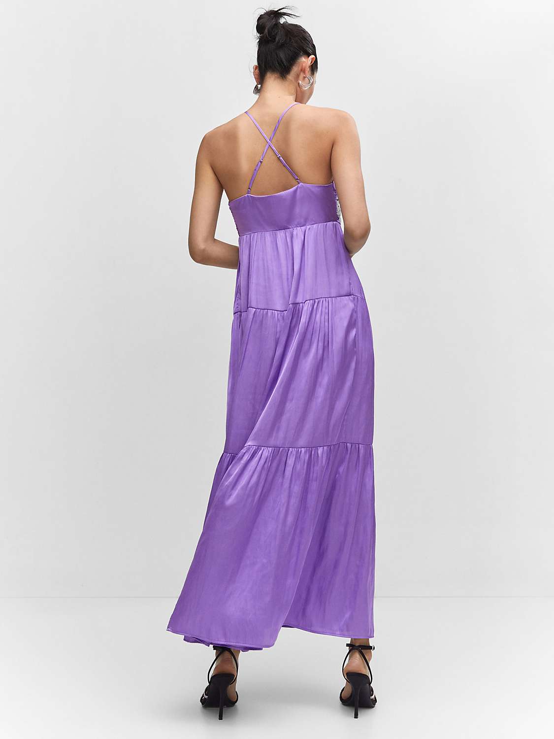 Buy Mango Katy Ruched Maxi Tiered Satin Dress, Light Purple Online at johnlewis.com
