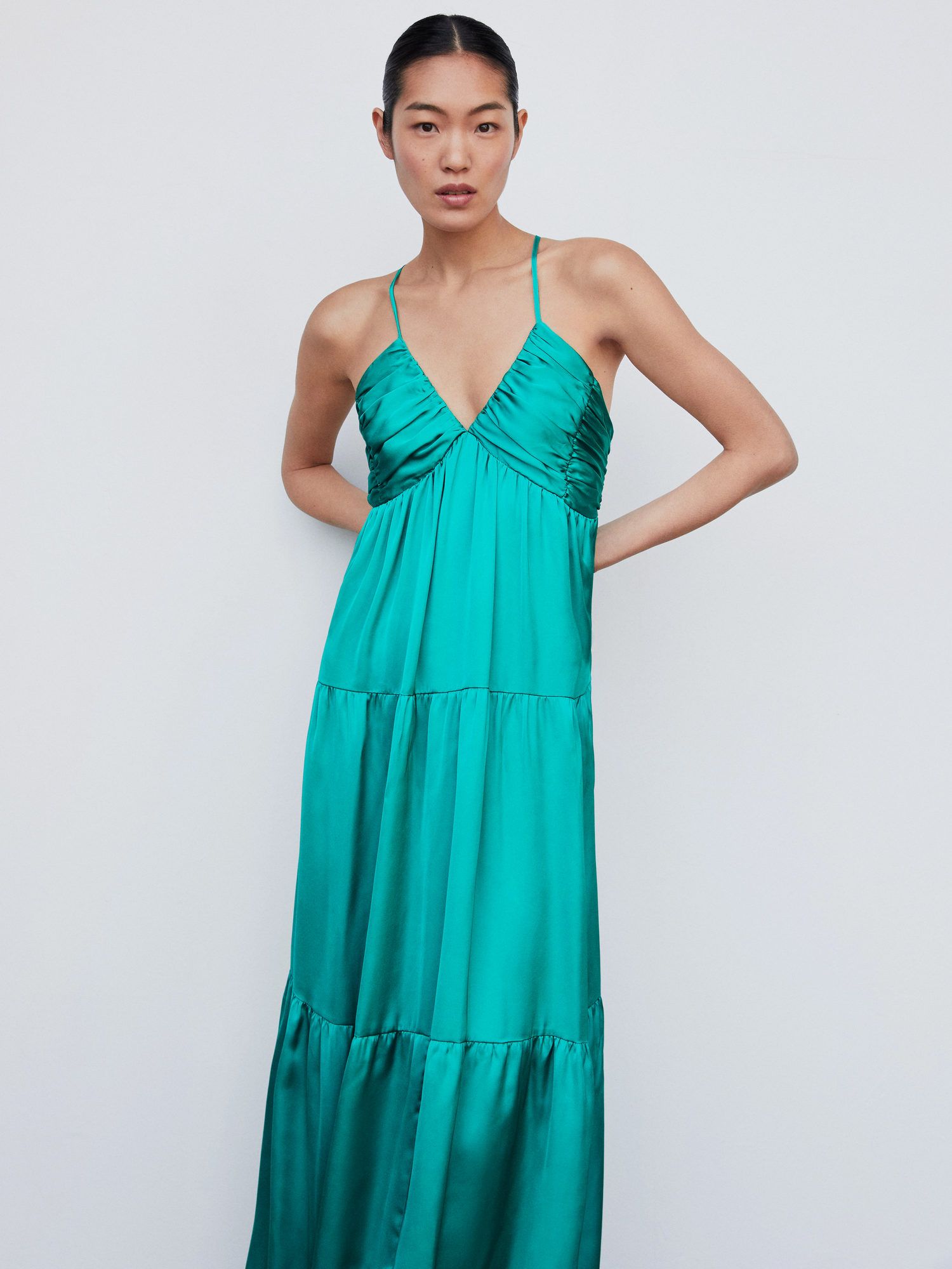 Mango Katy Ruched Satin Maxi Dress, Turquoise at John Lewis & Partners