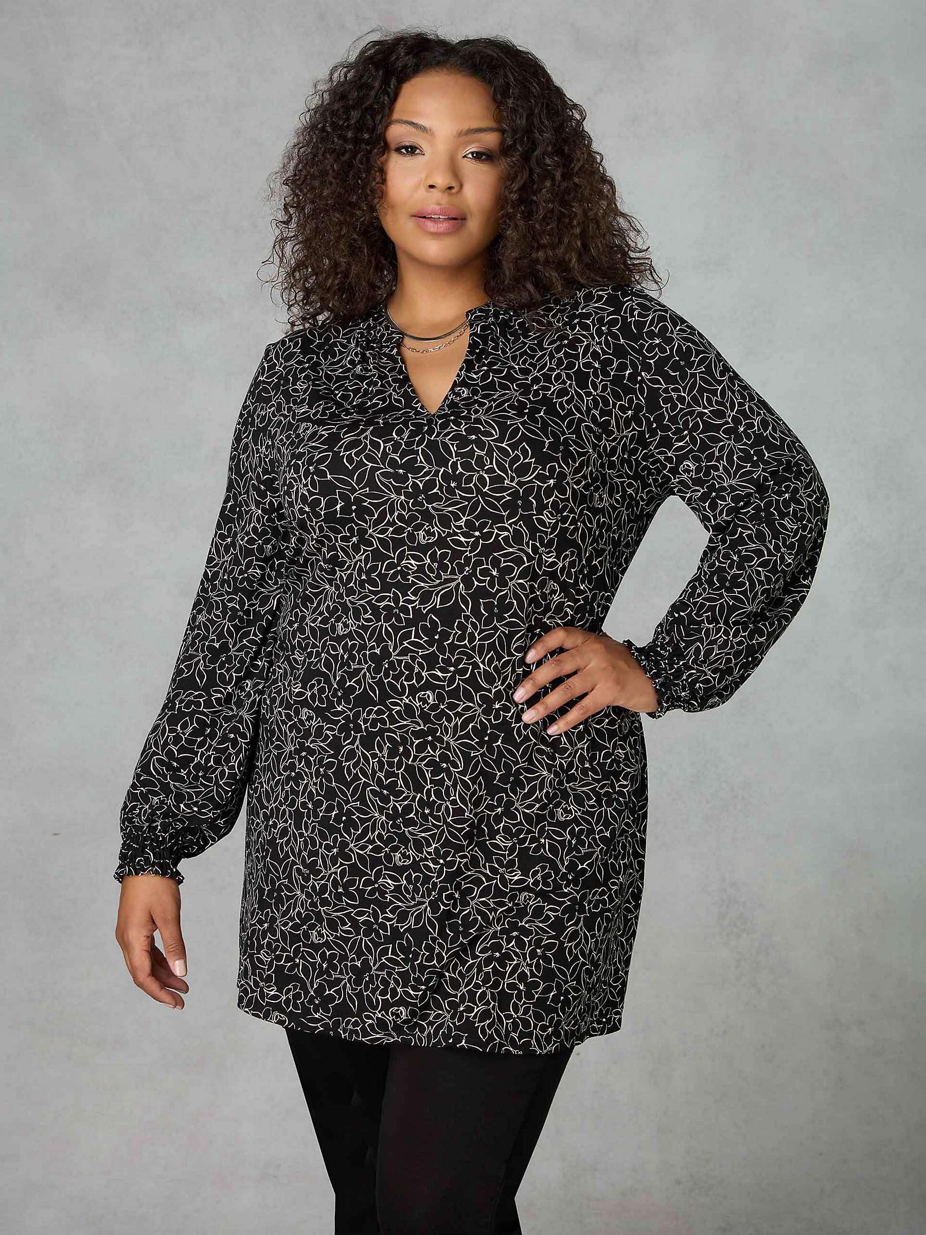 Buy Live Unlimited Curve Linear Floral Print Jersey Shirred Cuff Tunic Top, Black Online at johnlewis.com