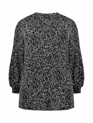 Live Unlimited Curve Linear Floral Print Jersey Shirred Cuff Tunic Top, Black