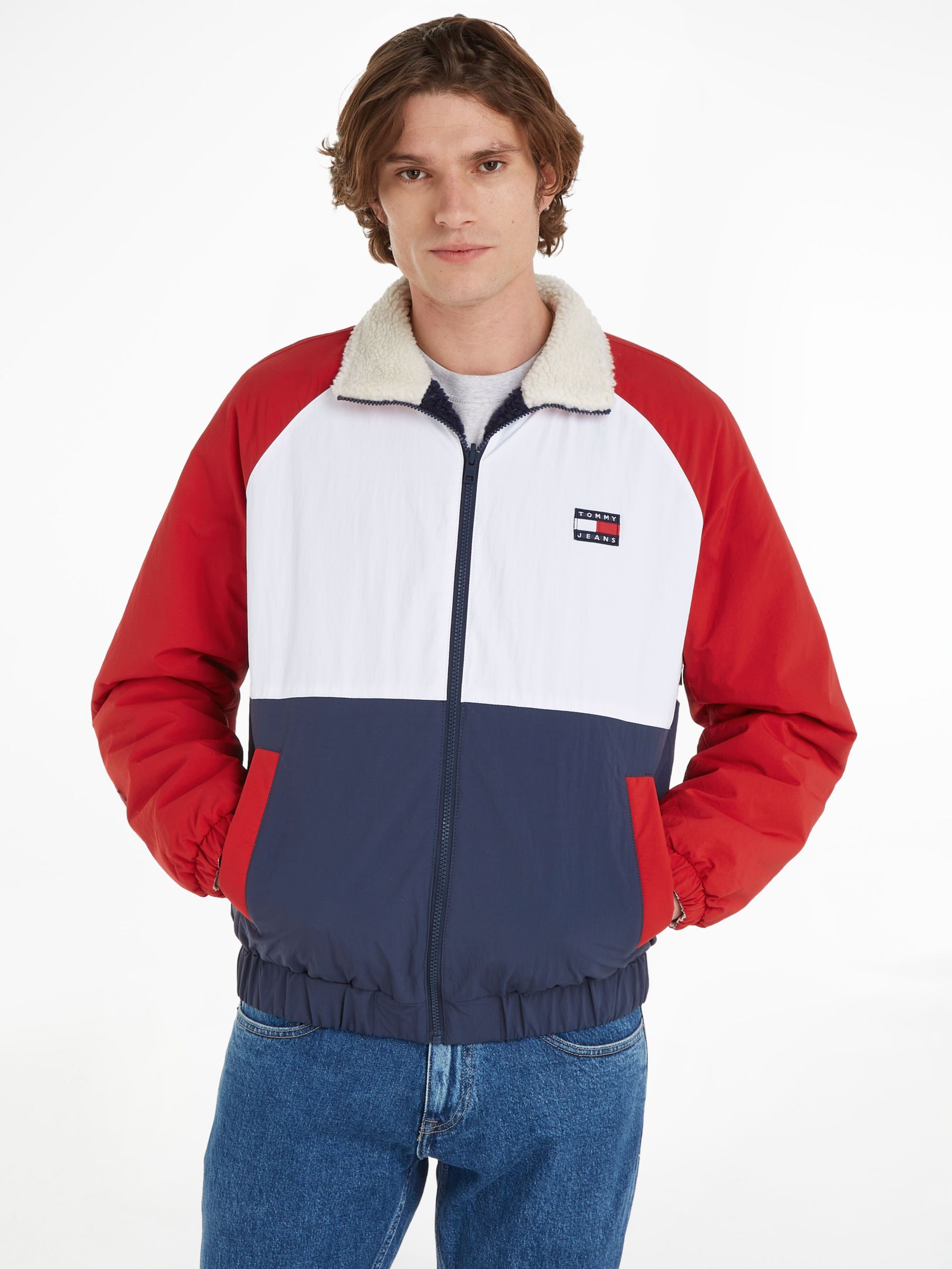 Tommy Jeans Reversible Sherpa Jacket, Navy/Multi at John Lewis & Partners