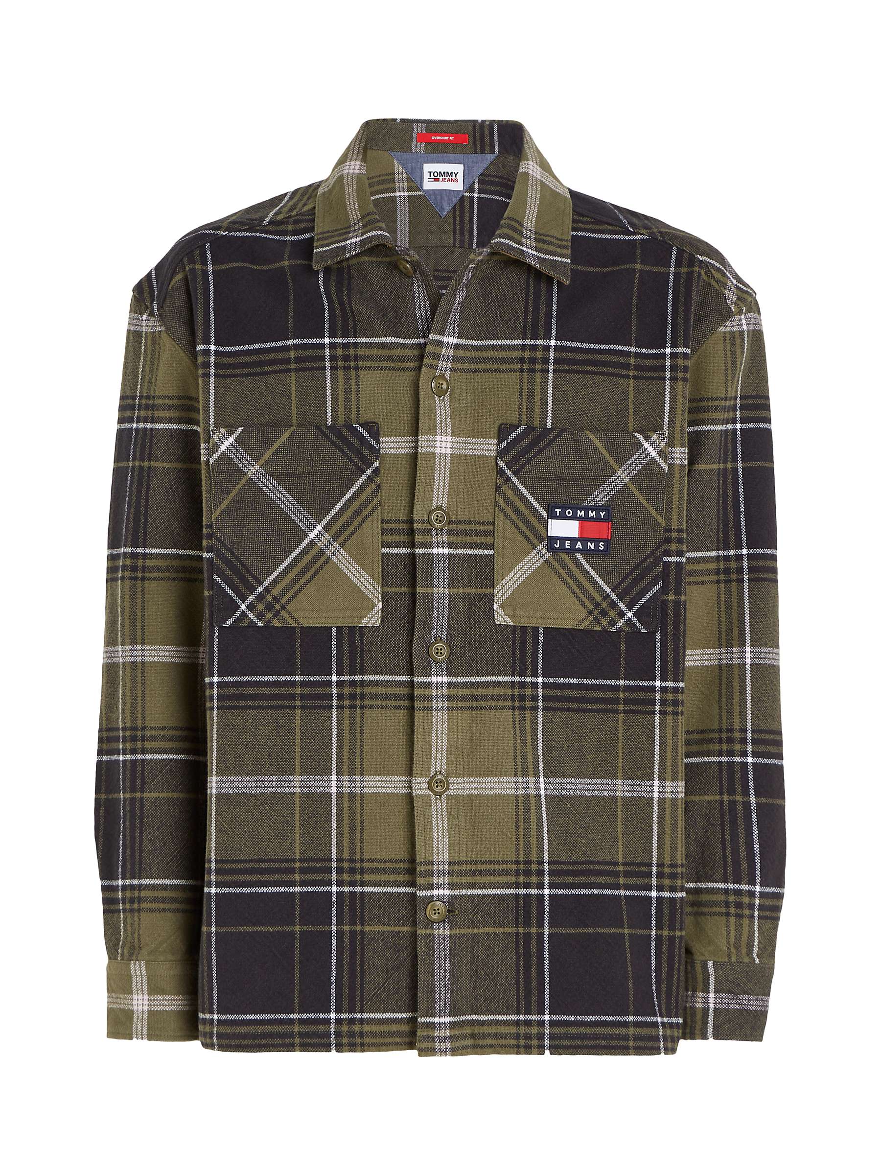 Tommy Jeans Check Overshirt, Olive Green Check at John Lewis & Partners