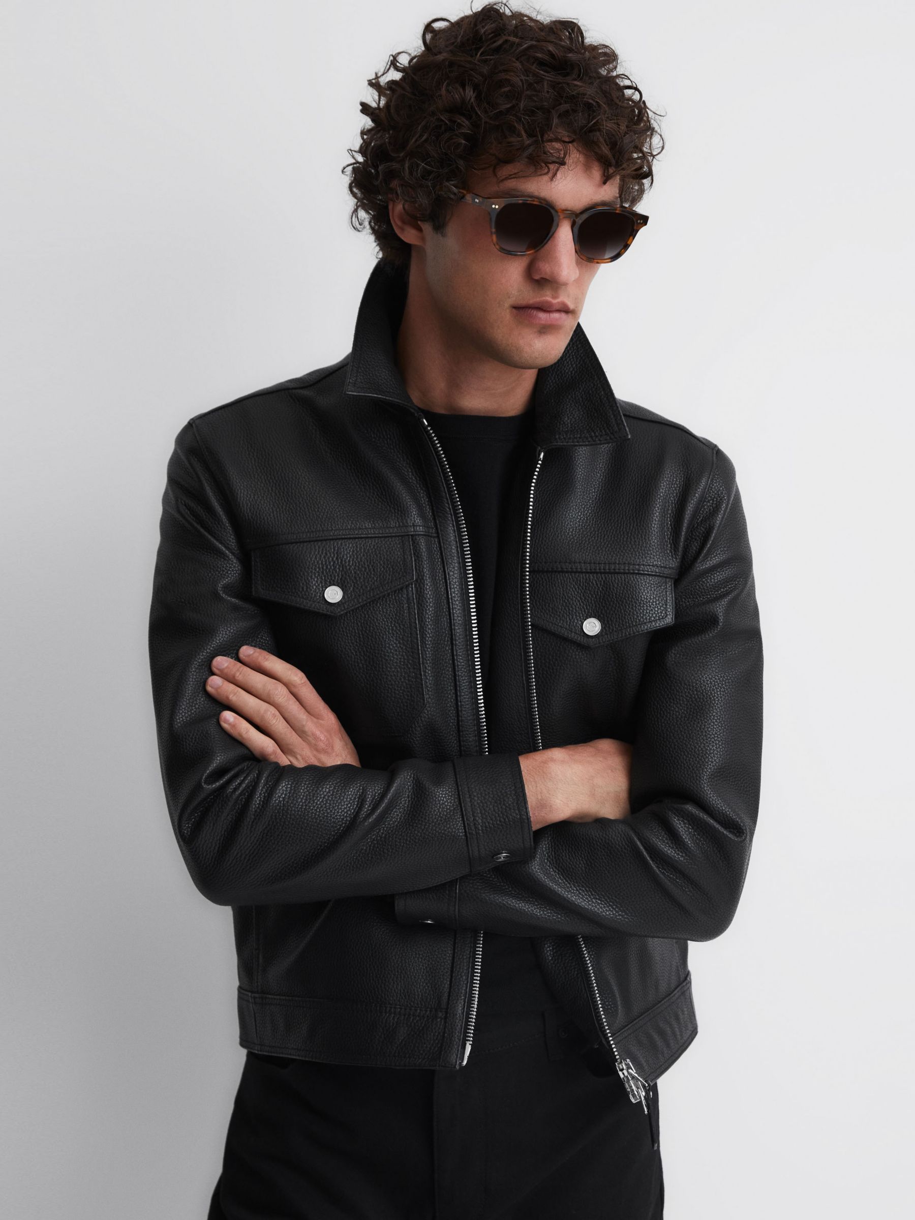 Reiss Carp Leather Jacket, Black