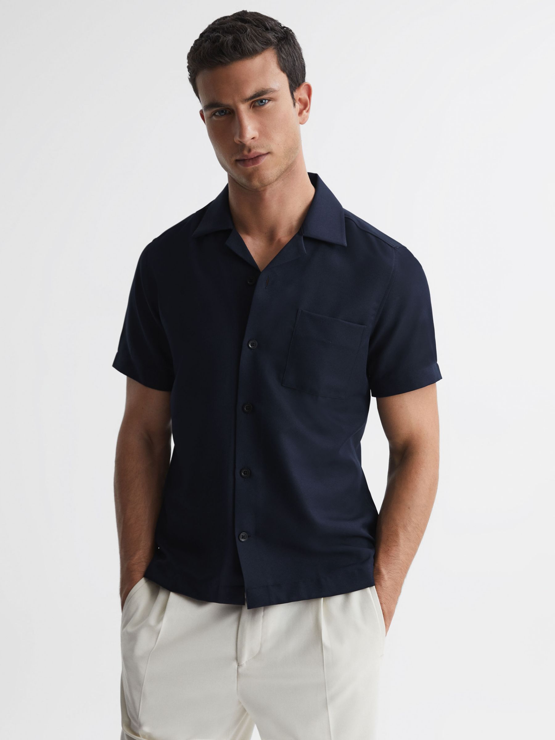 Reiss Tokyo Cuban Collar Short Sleeve Shirt, Navy at John Lewis & Partners