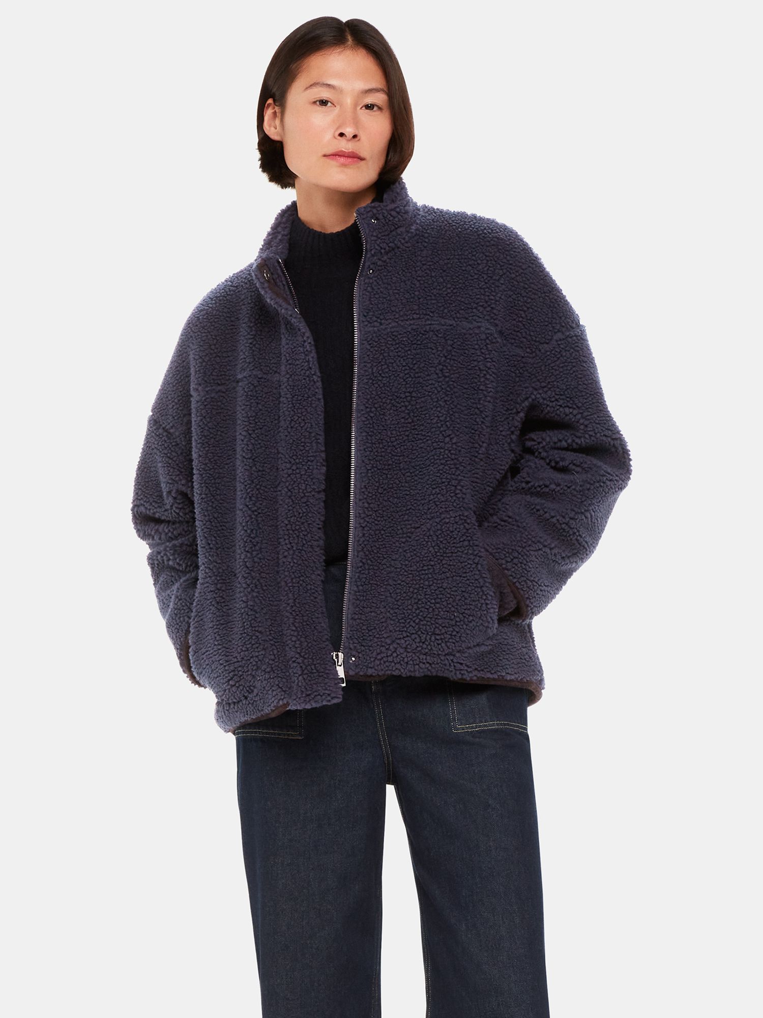 Whistles Faux Teddy Bomber Jacket, Navy at John Lewis & Partners