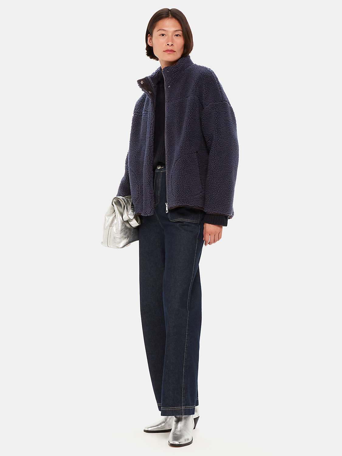 Buy Whistles Faux Teddy Bomber Jacket, Navy Online at johnlewis.com